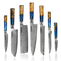 Seido Knives 7-Piece Executive Damascus Steel Knife Set with Japanese VG-10 Super Steel Core - Home Kitchen Knife Set - Professional Design Handle Blue Resin Epoxy and Strong Stabilized Wood