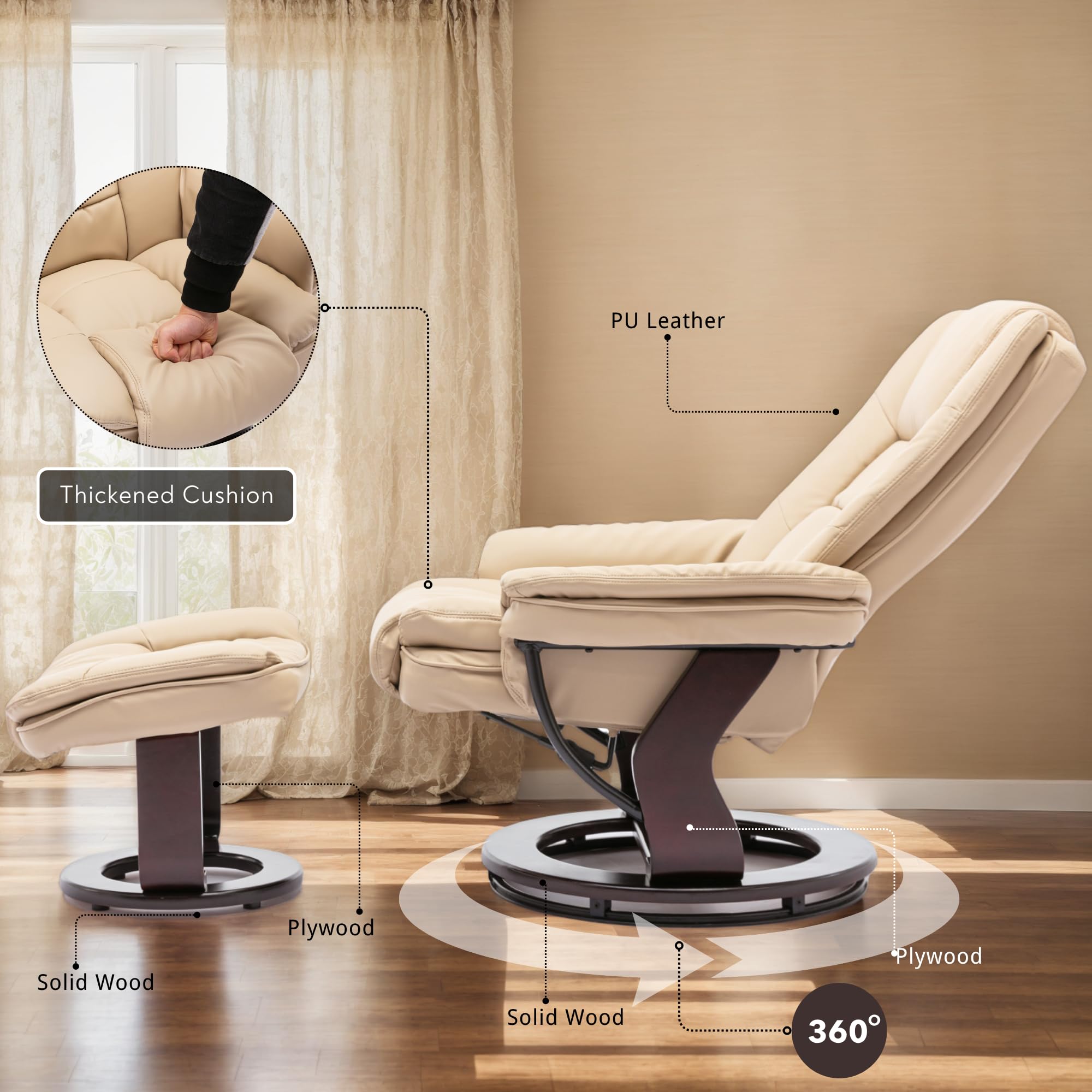 Argus Swivel Recliner with Ottoman, PU Leather & Wood Base Reclining Chair with Footrest, Ultra-Plush Double Foam for Living Room, Bedroom and Office, Set of 2