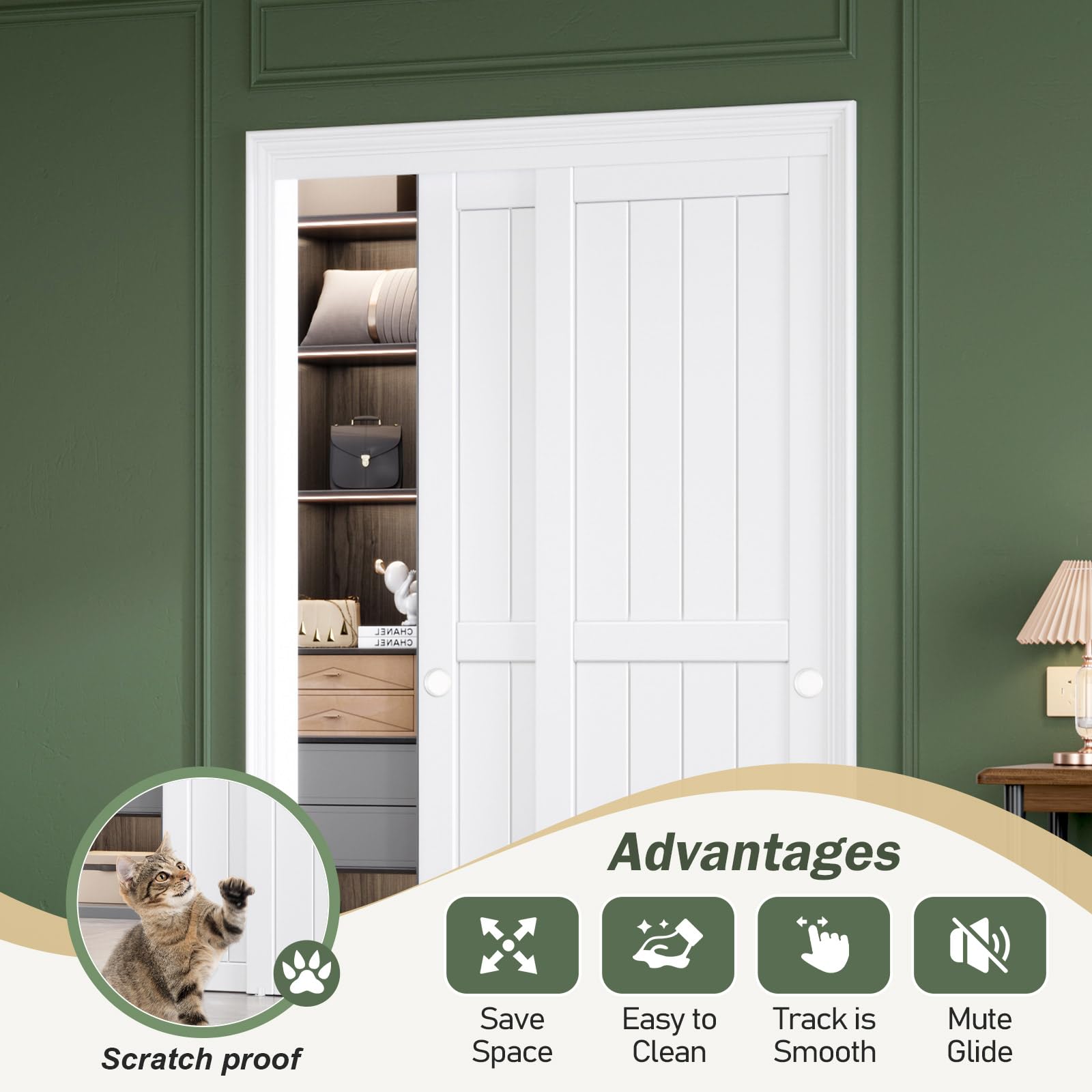 FREDBECK Sliding Closet Doors 48x80(Double 25inch),Bypass Barn Door with Hardware,for Bedroom,White,H Frame,Assemble Required