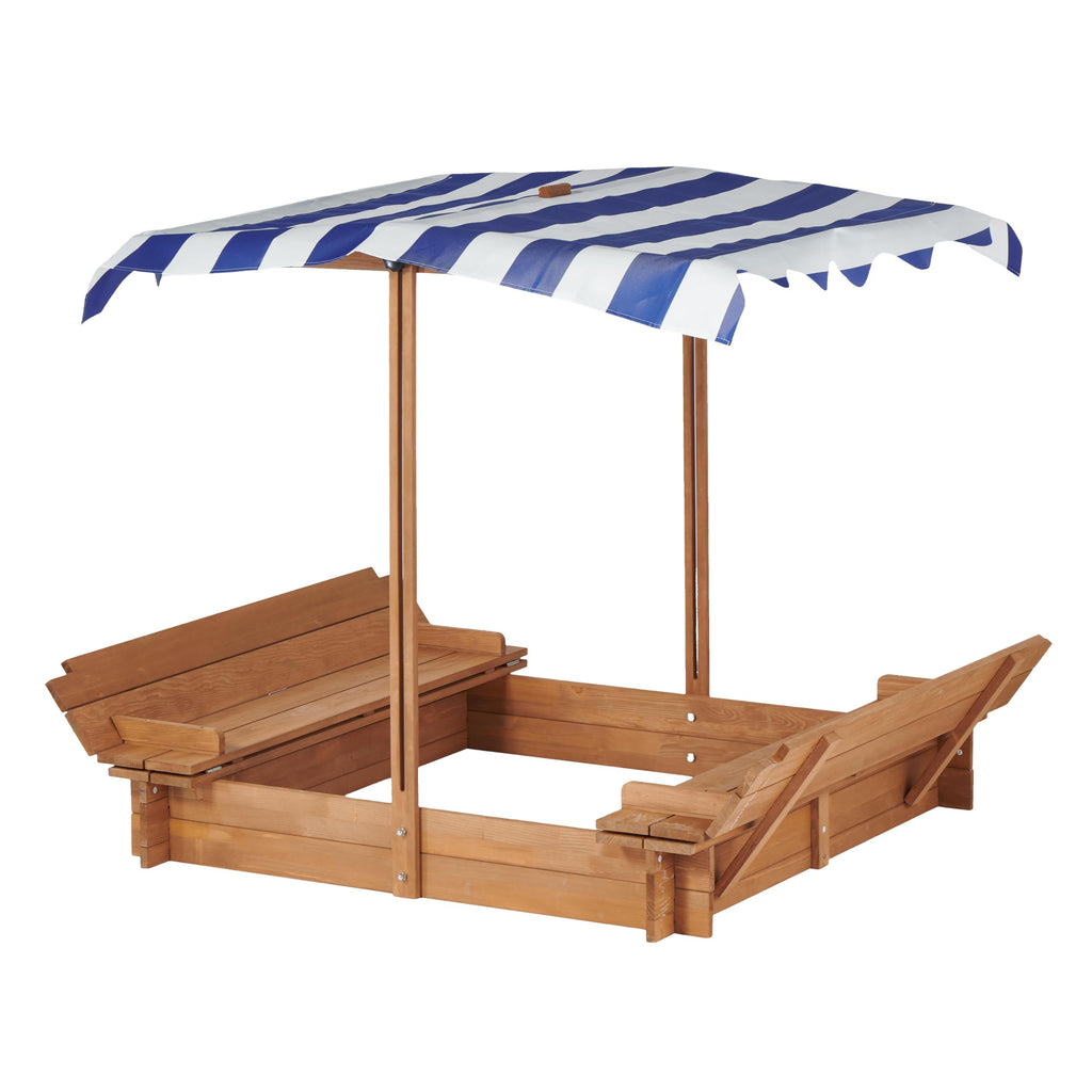 Kids Sandbox with Adjustable Canopy & 2 Foldable Seats, 46'' Wooden Sand Box with Cover, Outdoor Sandpit for Backyard Play