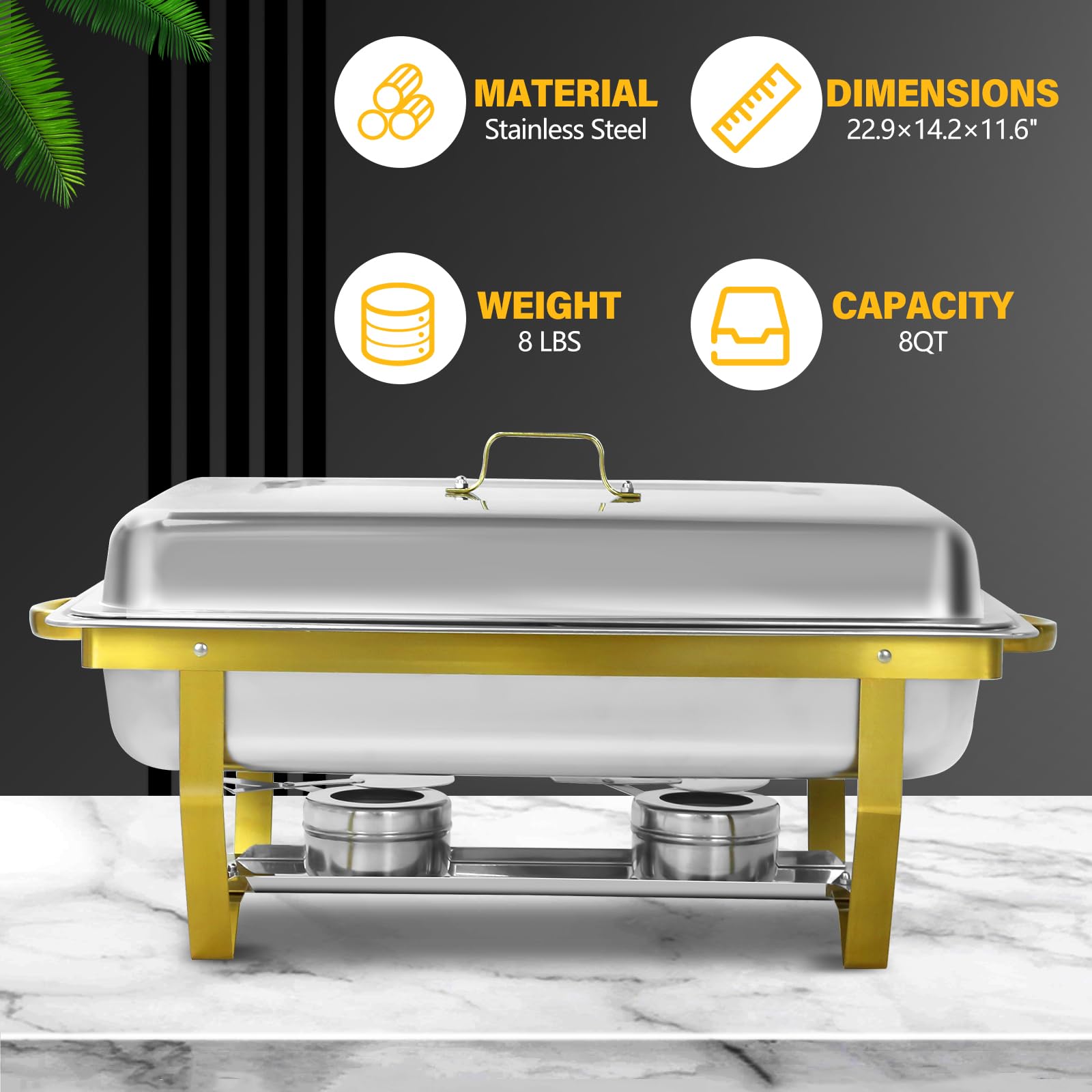 XYJBHB Chafing Dishes for Buffet, 9QT 8 Pack Chafing Dish Buffet Set, Stainless Steel Catering Warmer Server with 8 Full Size Pans for Home Party Wedding Buffets, Gold