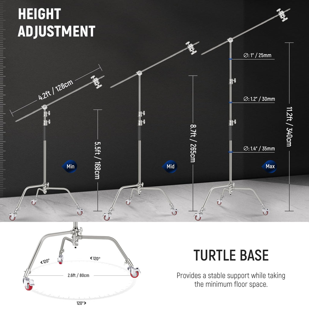 NEEWER Heavy Duty Light Stand, Metal 11.15ft/3.4m Adjustable Photography C Stand Tripod with Boom Arm Built in Spring Cushion 1/4" Screw for Studio LED Lights, DSLR Camera, Max Load: 22lb/10kg, Black