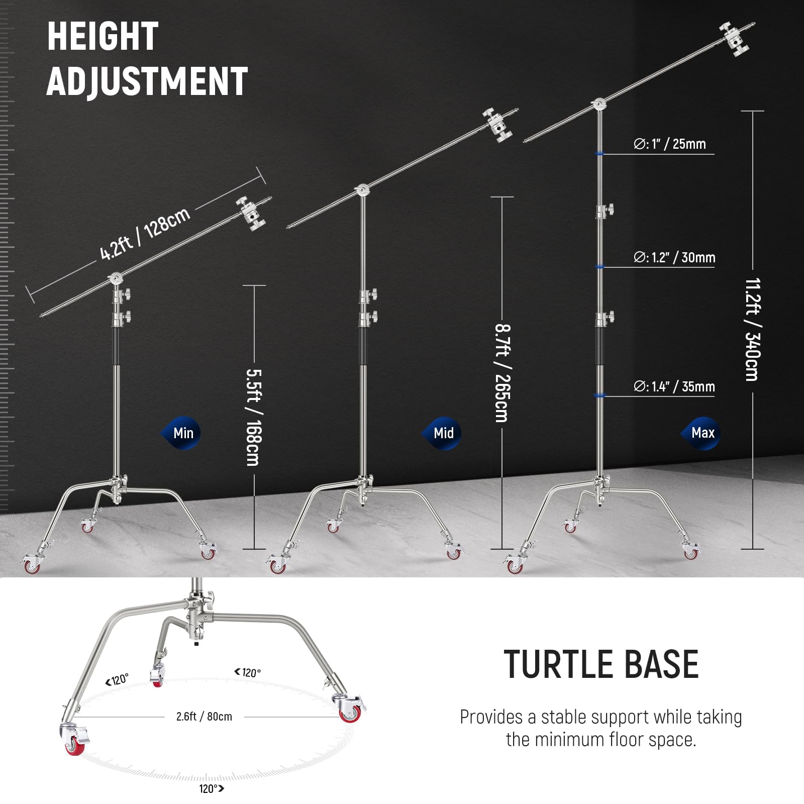 NEEWER Heavy Duty Light Stand, Metal 11.15ft/3.4m Adjustable Photography C Stand Tripod with Boom Arm Built in Spring Cushion 1/4" Screw for Studio LED Lights, DSLR Camera, Max Load: 22lb/10kg, Black