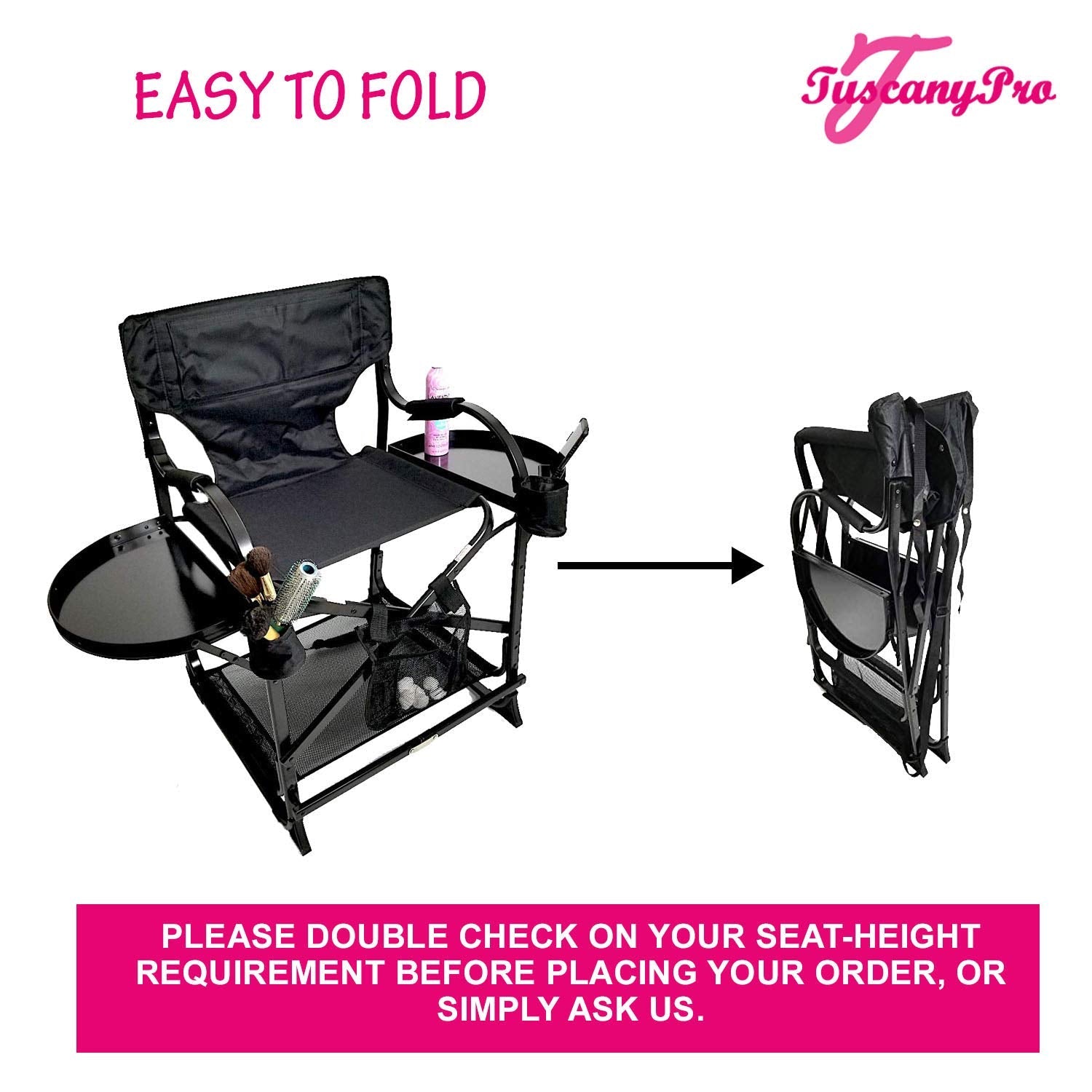 Tuscany Pro Your Name/Logo Included Portable Makeup & Hairstylist Chair - Perfect for Makeup, Hair Stylist, Salon with 25 Inch Seat Height