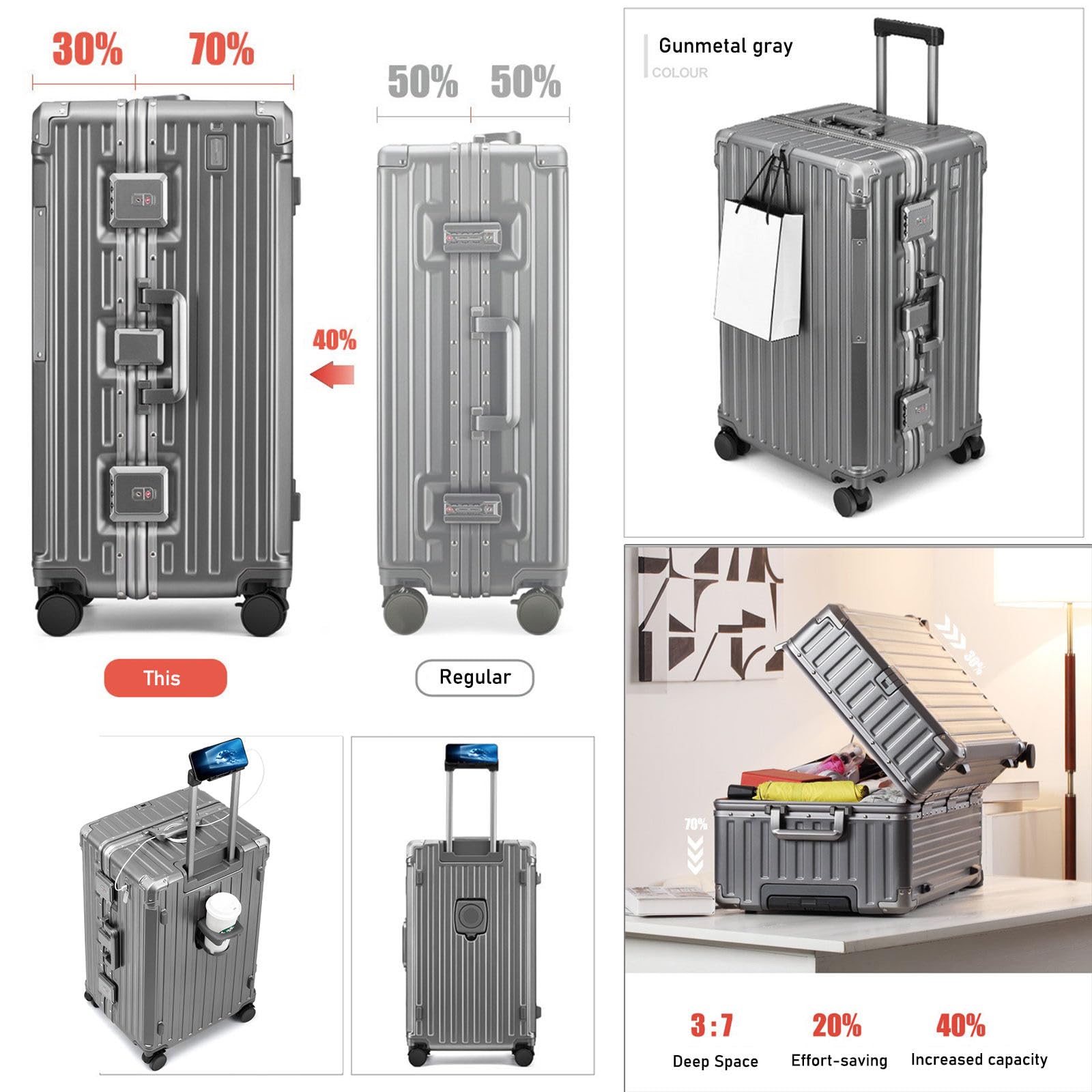 LEOVEN Hardside Luggage, LS-0683 PC Hard Shell Suitcase with Cup Holder, USB, Type-C, 3:7 Ratio, Large Capacity, Aluminium Frame, TSA Customs Lock, 360° Double Wheels with Brake and Shock Absorber