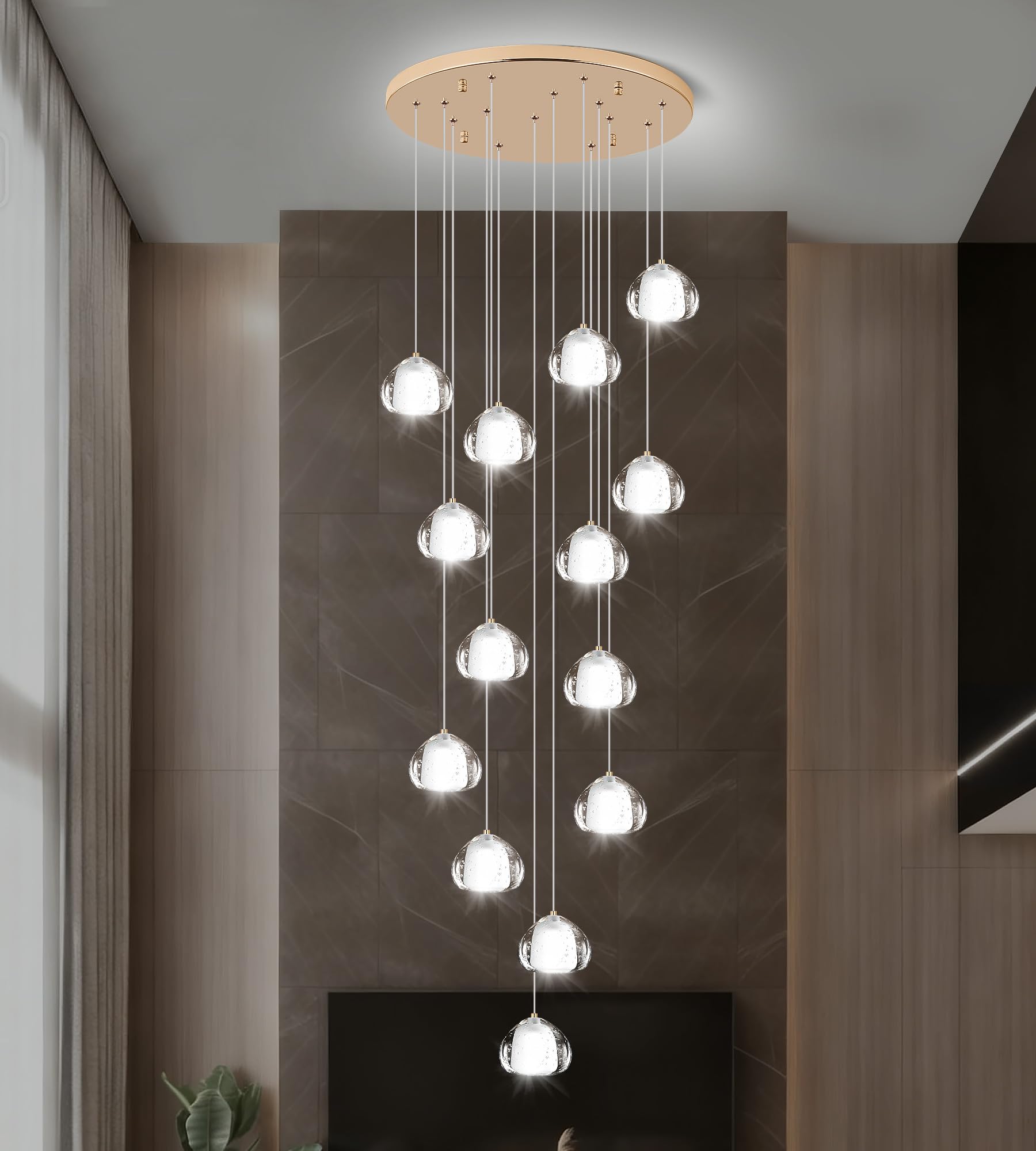 YwueChwu Gold Crystal Chandeliers for Staircase 14-Lights, H120 Inches Modern Indoor High Ceilings LED Pendant Light Fixture for Living Room Foyer Entryway