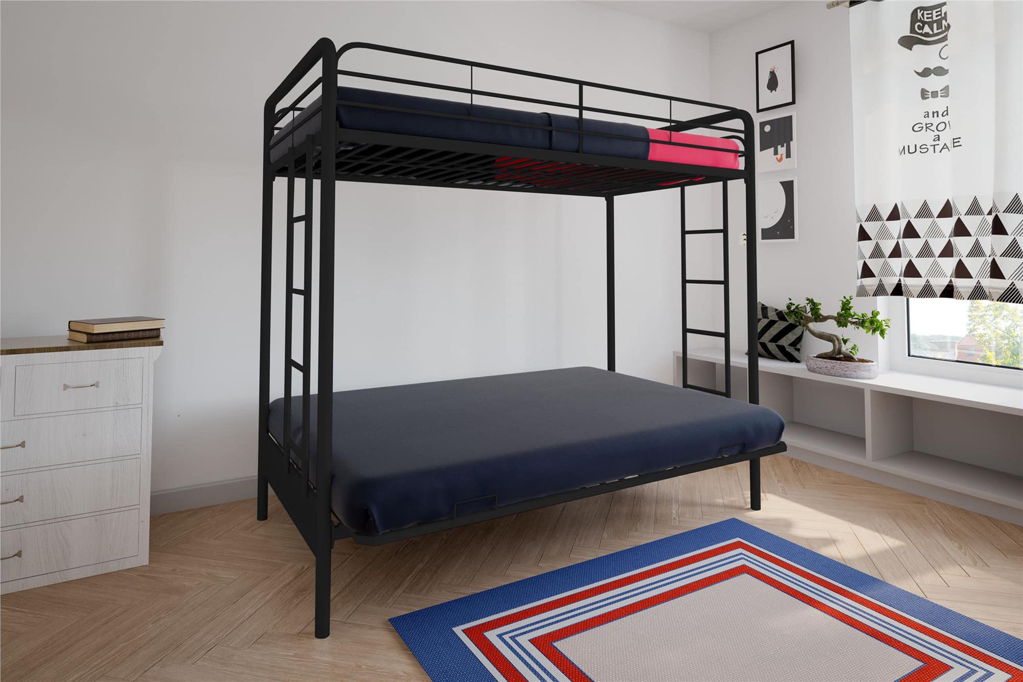 DHP Twin-Over-Futon Convertible Couch and Bed with Metal Frame, Ladder and Guardrails - Black