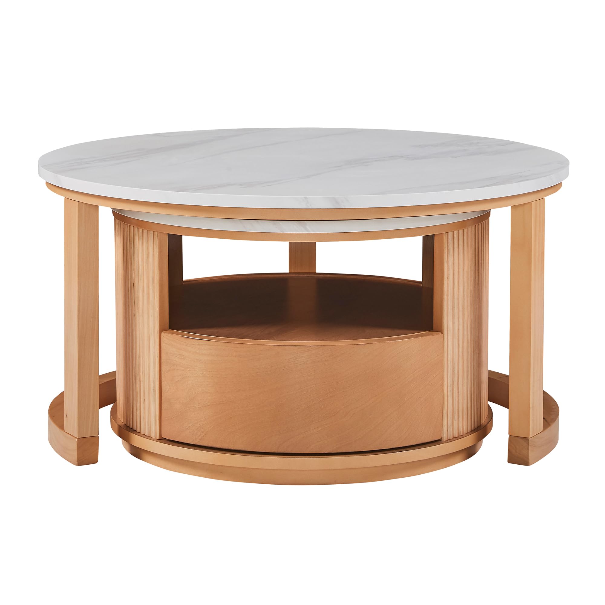 Merax 28.5" Round Nesting Coffee Table Set, Elegant Luxurious White Marble Top, Wood Finish, 2-Tier Storage and 1 Drawer for Living Room Apartment, Natural
