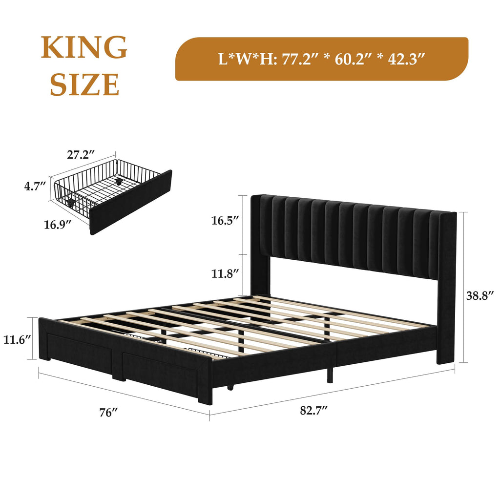 Garvee King Size Bed Frame, Velvet Upholstered Bed Frame with Wingback Headboard, 2 Storage Drawers, No Box Spring Needed, Black