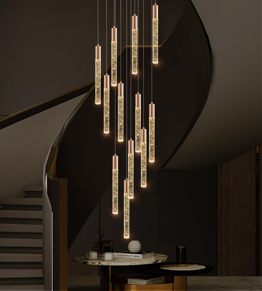 Upfelw Modern High Ceiling Crystal Chandelier 12-Lights, Large Spiral LED Raindrop Foyer Pendant Lighting, Bubble Staircase Living Room Hanging Light Fixture Flush Mount Gold