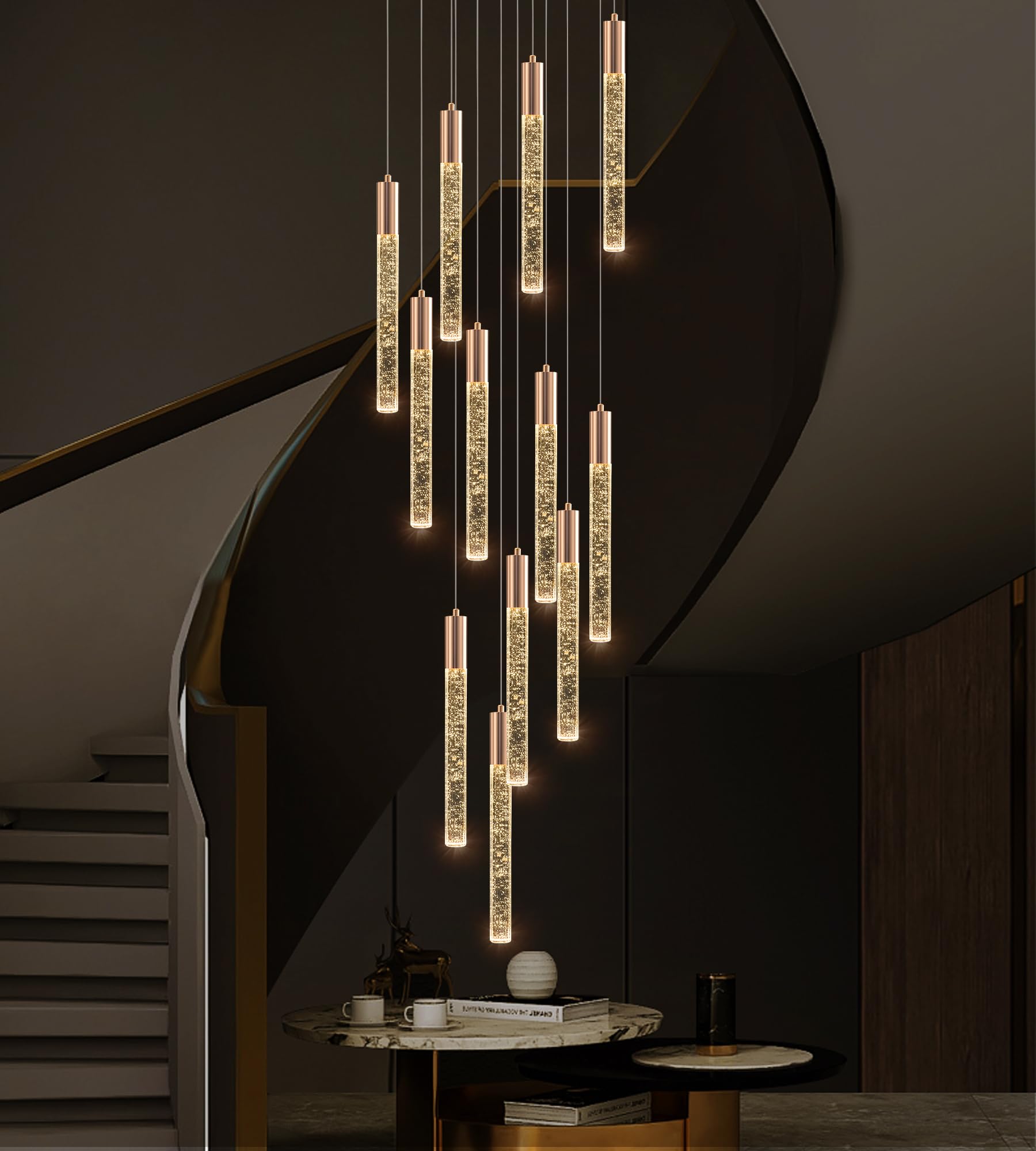 Upfelw Modern High Ceiling Crystal Chandelier 12-Lights, Large Spiral LED Raindrop Foyer Pendant Lighting, Bubble Staircase Living Room Hanging Light Fixture Flush Mount Gold