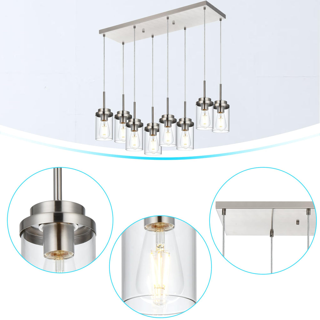BONLICHT 8 Light Farmhouse Chandelier for Dining Room, Modern Industrial Foyer Linear Pendant Light Traditional Brushed Nickel Kitchen Island Lighting Fixture Hanging Ceiling Lights with Clear Glass