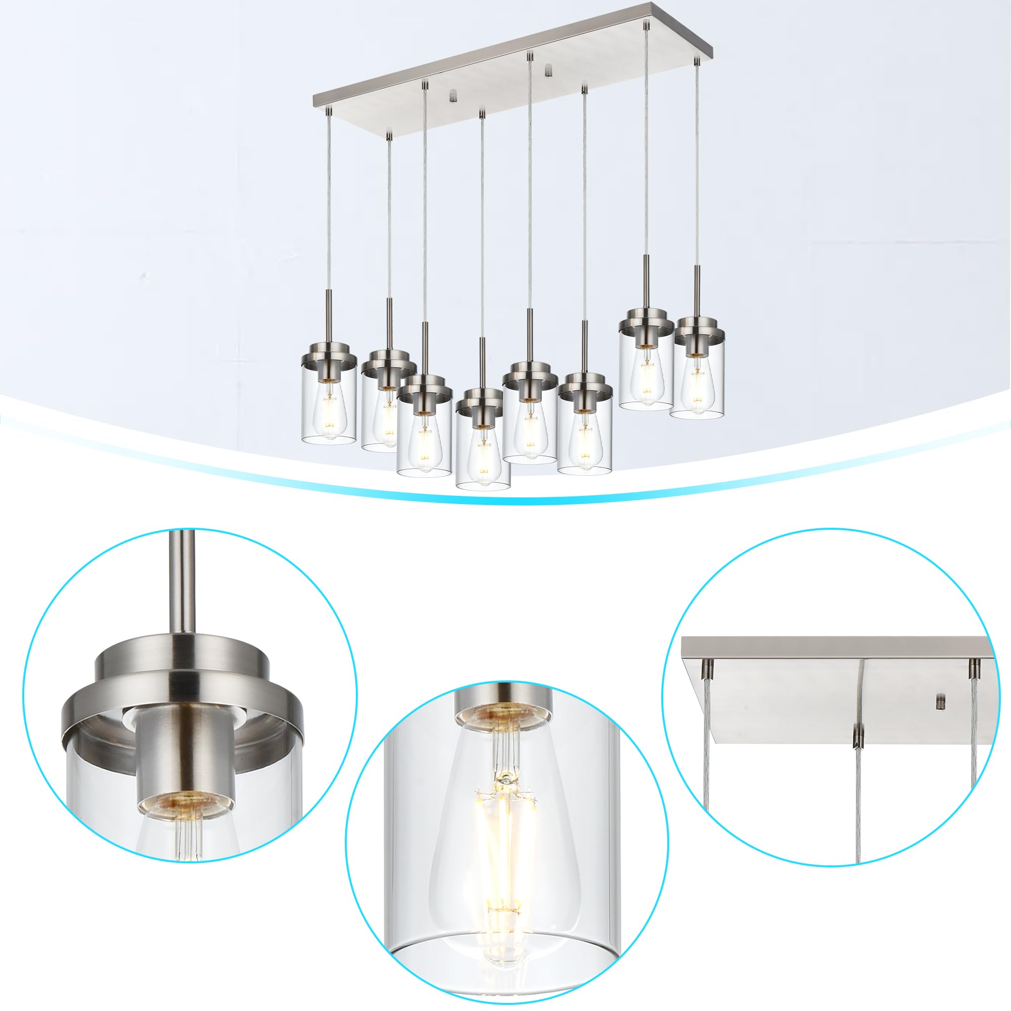 BONLICHT 8 Light Farmhouse Chandelier for Dining Room, Modern Industrial Foyer Linear Pendant Light Traditional Brushed Nickel Kitchen Island Lighting Fixture Hanging Ceiling Lights with Clear Glass