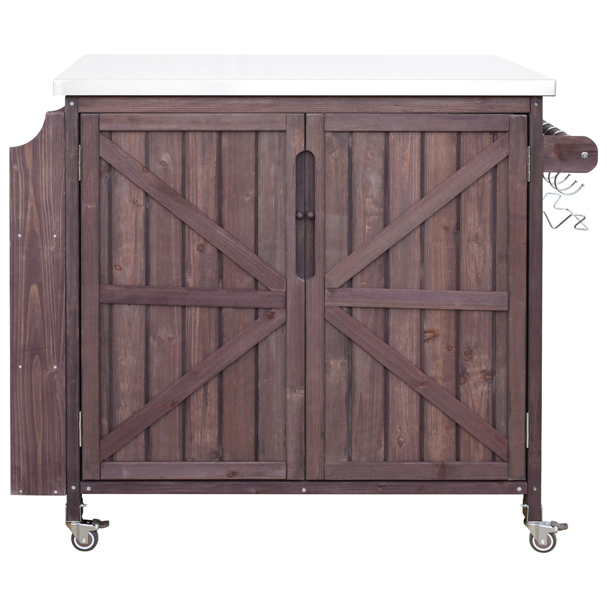 Merax Farmhouse 42." Grill Cart with Stainless Steel Top & Side Shelf, Outdoor Grill Station w/Adjustable Shelf & Lockable Wheels, Modular Kitchen Island for Food Prep & BBQ, Dark Brown
