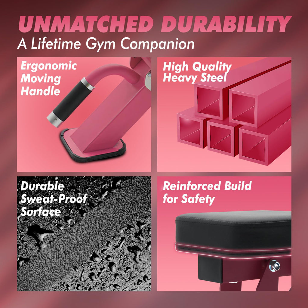 RITFIT Adjustable Weight Bench with Multiple Back Positions for Full Body Workouts, Incline, Decline, and Flat Settings for Home Gym Strength Training, 1300LB Capacity (Pink,with 2x5lb round dumbbells)