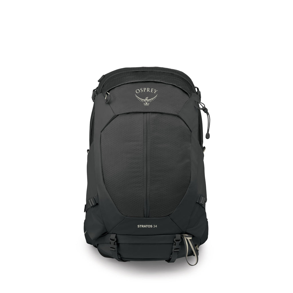 Osprey Stratos 34L Men's Hiking Backpack - Camping Bag with Waterproof Raincover, Bottle Pockets, & Gear Straps, Raven Black