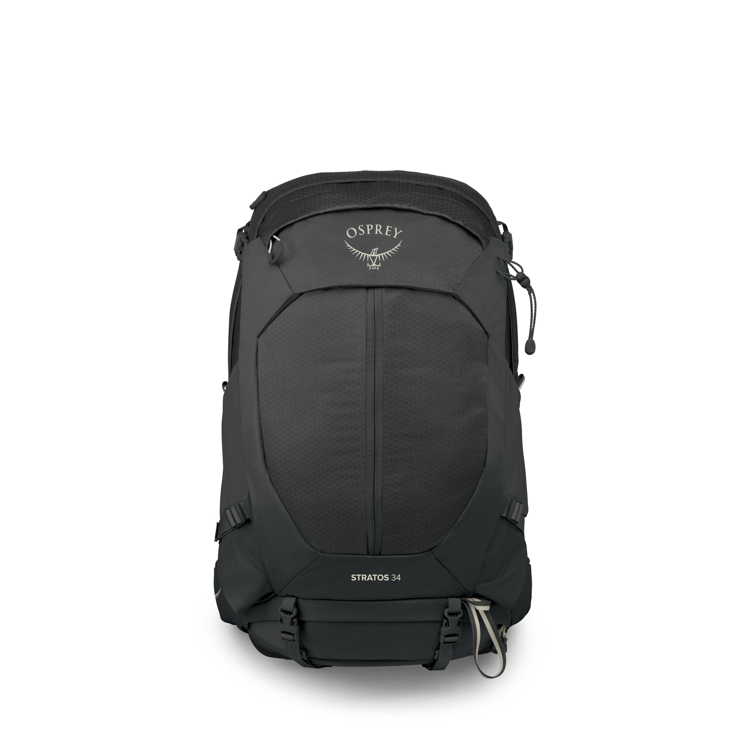 Osprey Stratos 34L Men's Hiking Backpack - Camping Bag with Waterproof Raincover, Bottle Pockets, & Gear Straps, Raven Black