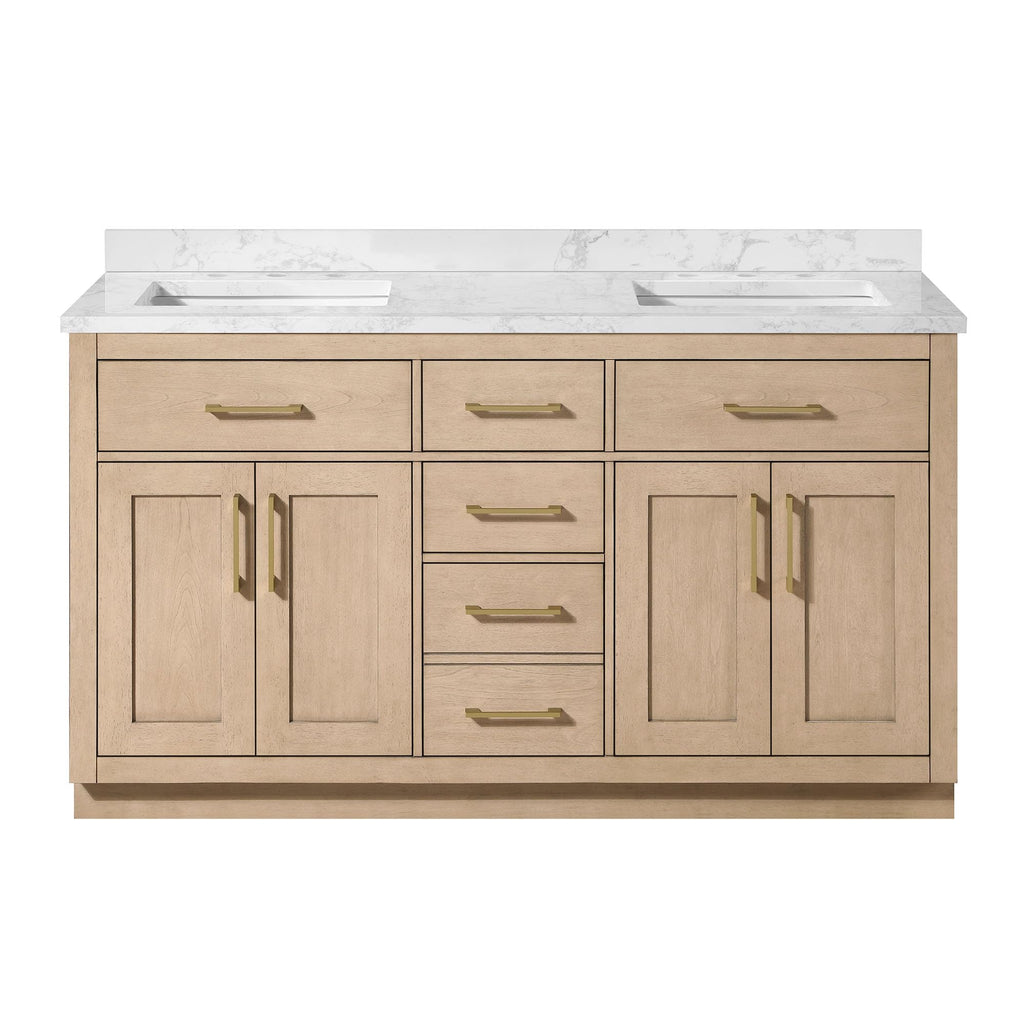 OVE Decors Athea 60 in. Double Sink Freestanding Sahara Birch Bathroom Vanity with White Engineered Marble Top, Matching Backsplash, Power Bar and Brushed Gold Hardware