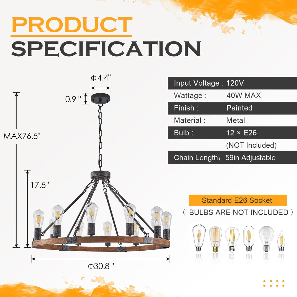 Benkut Farmhouse Wagon Wheel Chandelier 31" Black Rustic Light Fixtures 12-Light Wood Round Chandelier for Dining Room Living Room Entryway Foyer