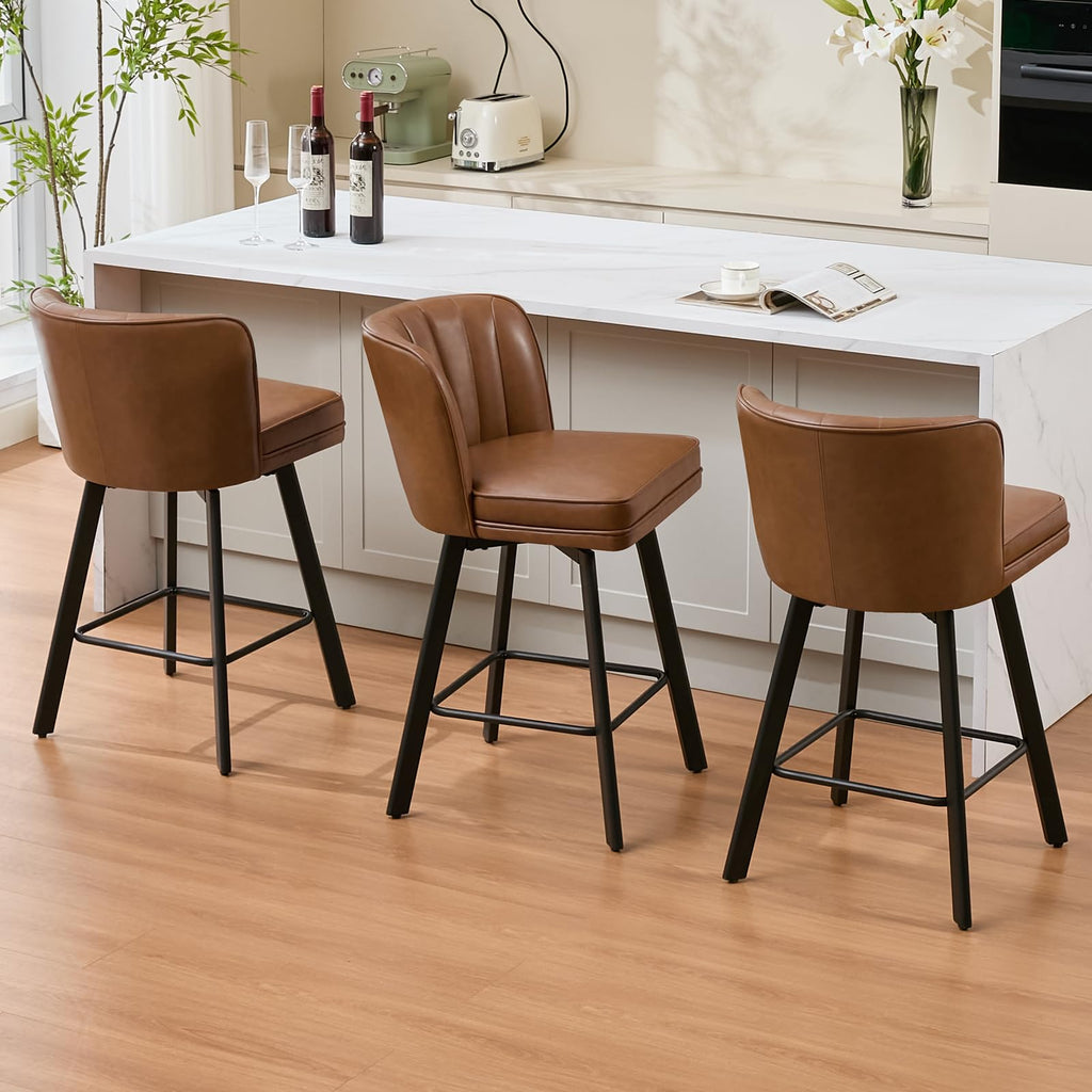 SAECKBERG Swivel Counter Height Bar Stools Set of 4, 26'' Modern Barstools with Backs and Metal Legs, Upholstered Bar Chairs, Faux Leather Dark Brown Stools for Kitchen Island Chairs
