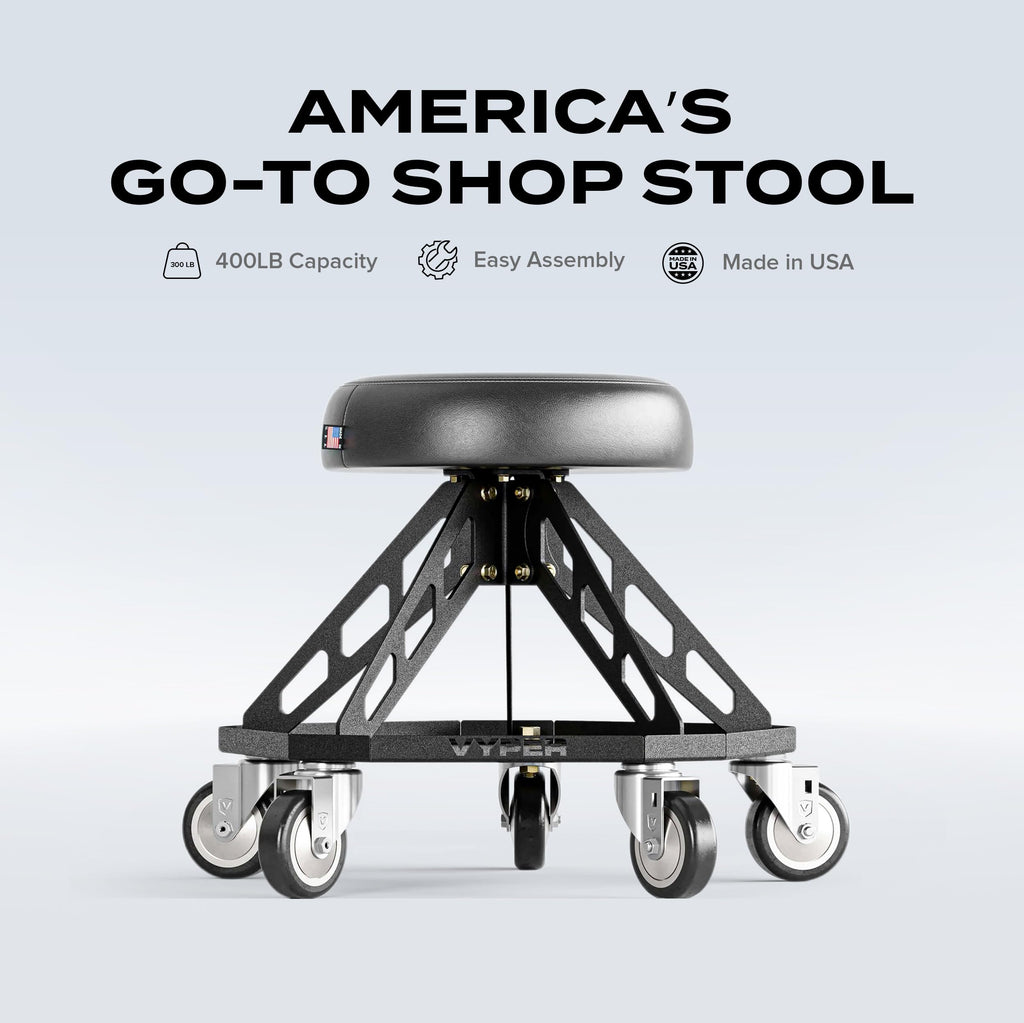 Vyper Robust Steel Pro Shop Chair for Mechanics, Automotive, DIY - 400 lb Capacity Garage Stool, Large Wheels (Black Seat, Red Frame)