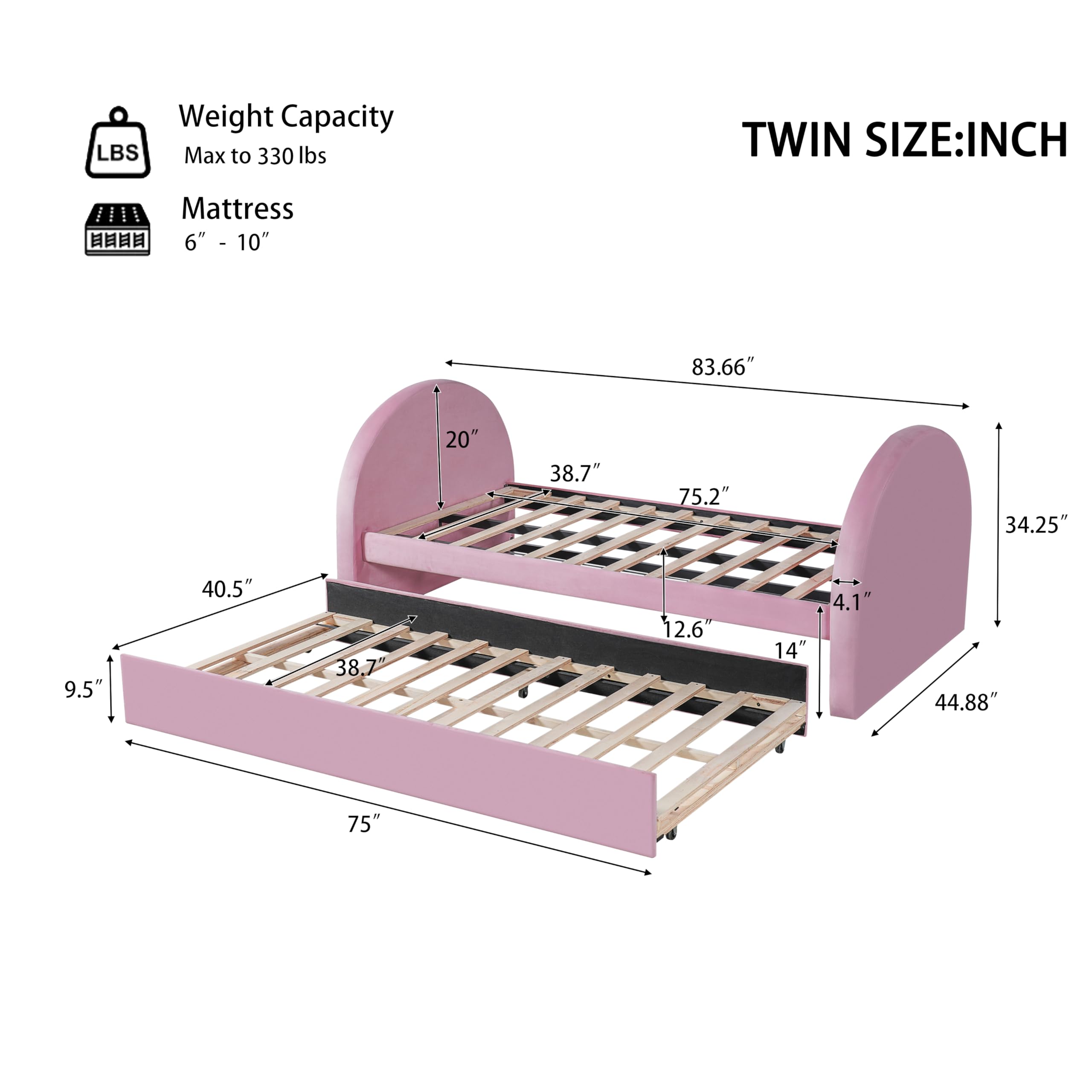 Christopher Knight Home Leonhart Velvet Upholstered Twin Size Bed Frames with Headboard/Footboard, Day Bed Frame Twin with Pull-Out Functionality, Iron Frame + Wooden Slat Trundle Bed Twin, Pink