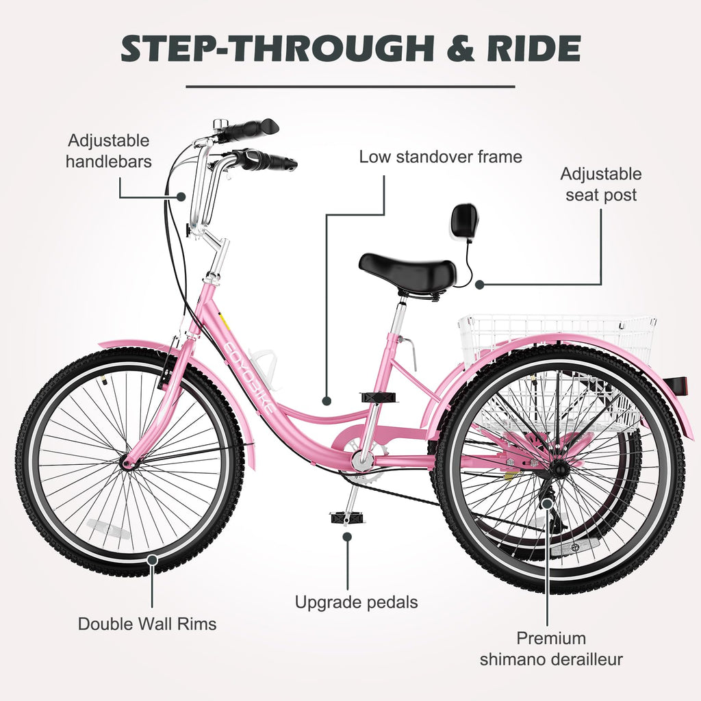 H&ZT Adult Tricycle, 3 Wheeled Bike, Trike Cruiser Bike, with 7-Speed Gear, Parking Brake Handle, Low Step, Large Rear Basket, Elderly Friendly, for Men, Women, and Teens