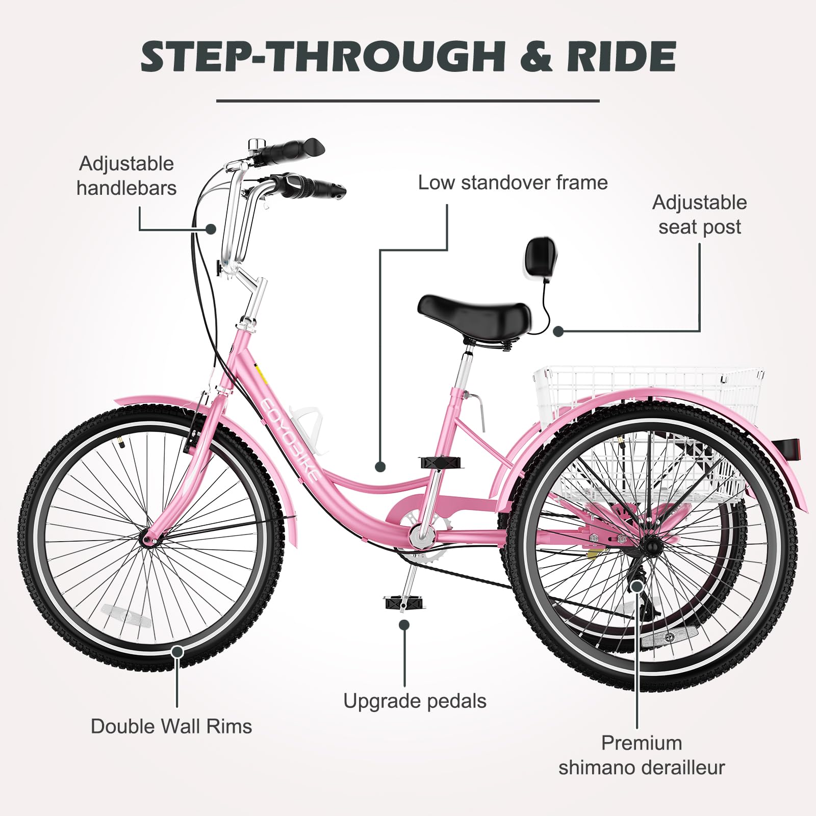 H&ZT Adult Tricycle, 3 Wheeled Bike, Trike Cruiser Bike, with 7-Speed Gear, Parking Brake Handle, Low Step, Large Rear Basket, Elderly Friendly, for Men, Women, and Teens