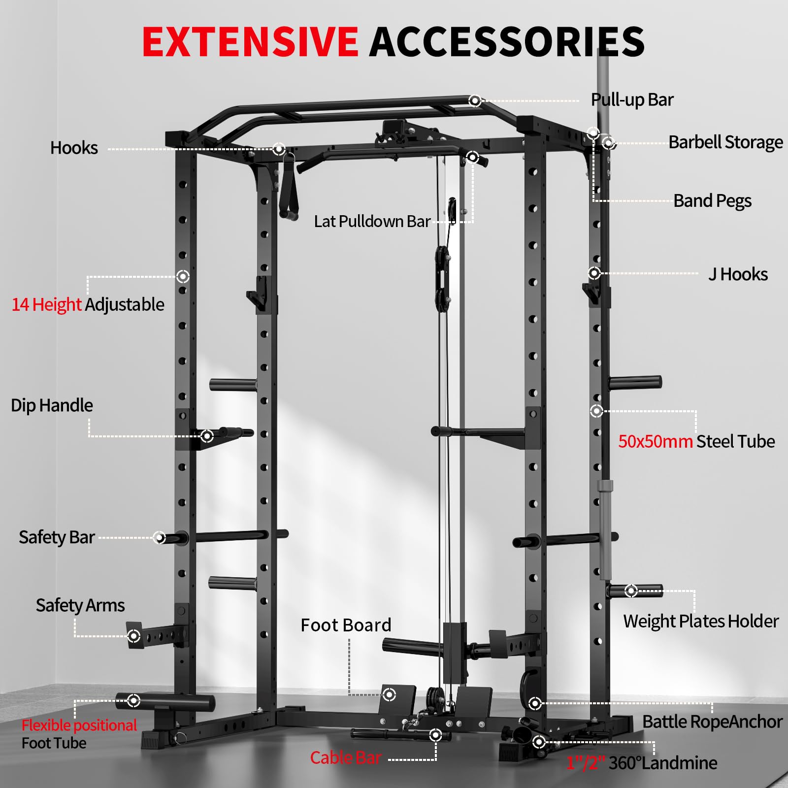 JEEKEE Power Rack with LAT Pulldown, 2000LBS Power Cage with Cable System, Multi-Function Squat Rack with J-Hooks, Safety Bars, Landmine, Pull Up Bar & Attachments for Home Gym Strength Training,Black
