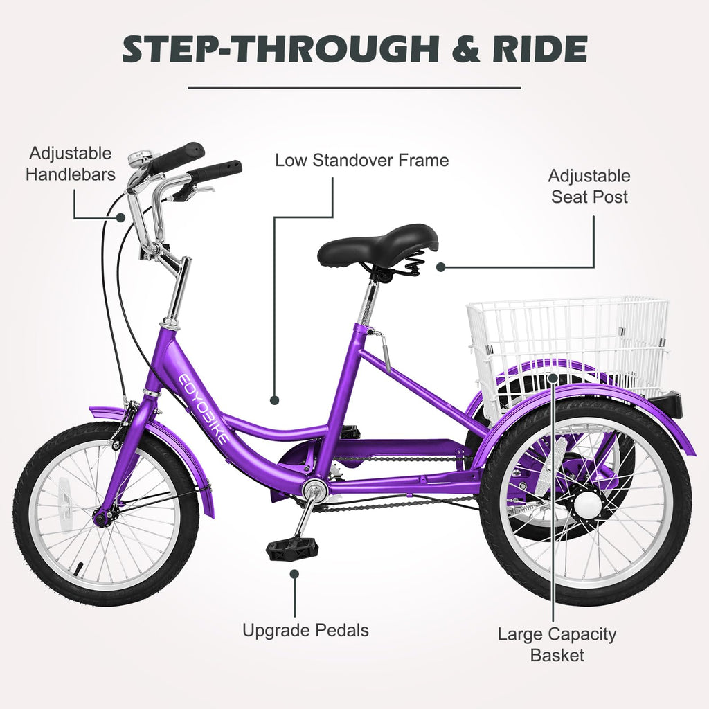 H&ZT Adult Tricycle, 3 Wheeled Bike, Trike Cruiser Bike, with 7-Speed Gear, Parking Brake Handle, Low Step, Large Rear Basket, Elderly Friendly, for Men, Women, and Teens