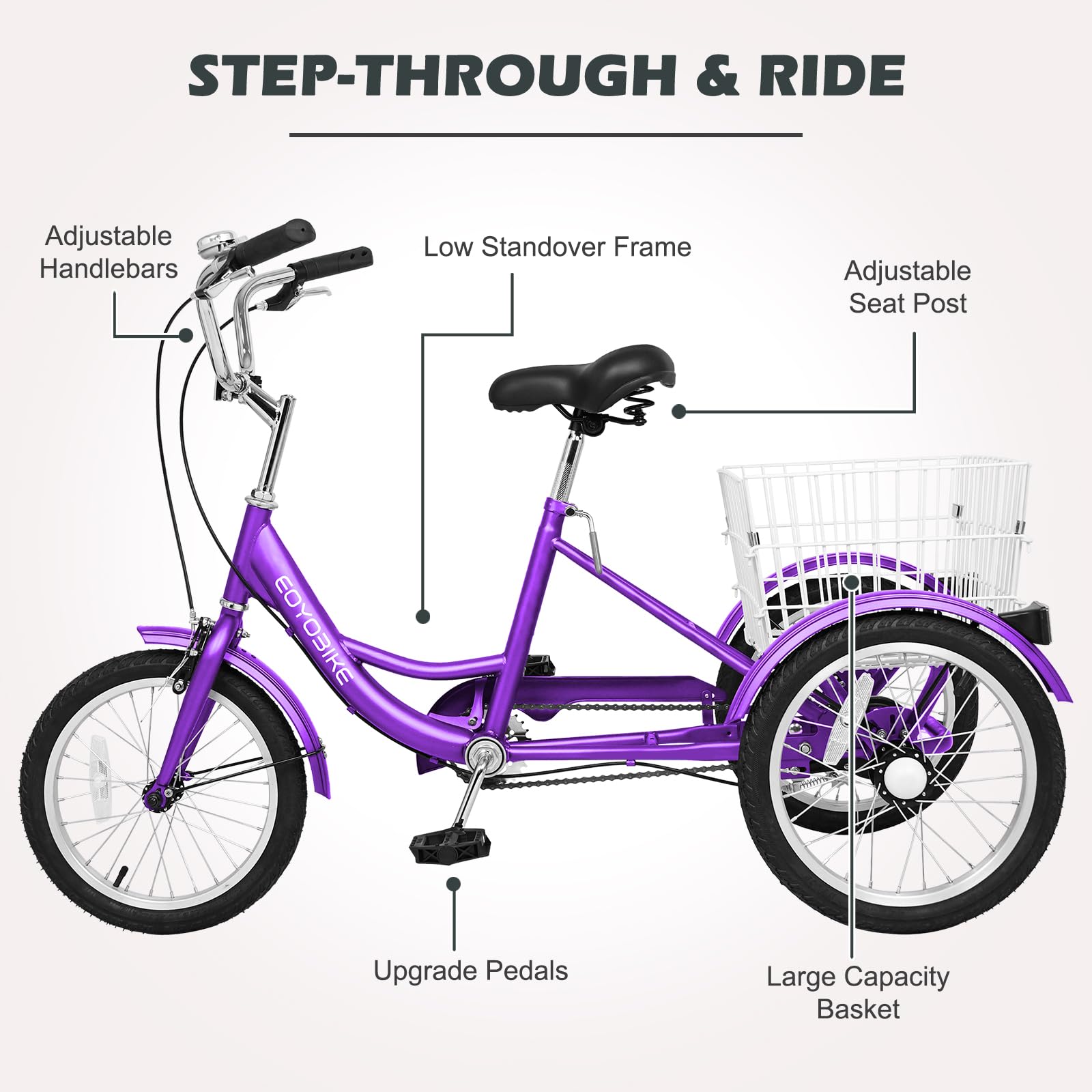 H&ZT Adult Tricycle, 3 Wheeled Bike, Trike Cruiser Bike, with 7-Speed Gear, Parking Brake Handle, Low Step, Large Rear Basket, Elderly Friendly, for Men, Women, and Teens