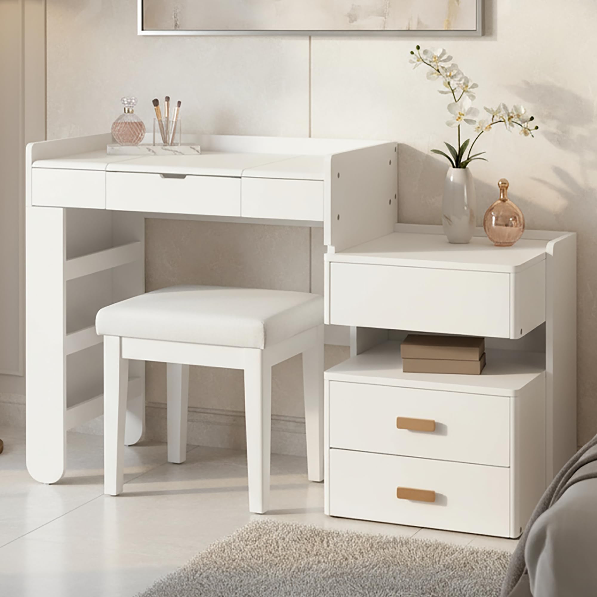 Merax Makeup Vanity Desk with Flip-Top Mirror and Lights, Modern Vanity Set with Cushioned Stool, 3-in-1 Dressing Table with Retractable Side Cabinet and Ample Drawers for Bedroom, White