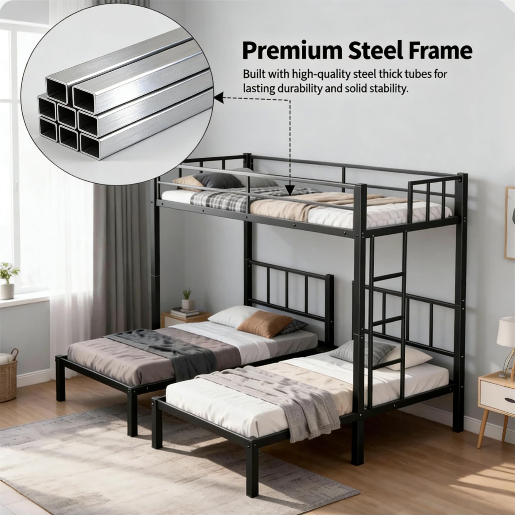 Mixcous Triple Bunk Bed Twin XL Over Twin & Twin, Heavy Duty Metal Bed Convertible to 3 Beds for Teens & Adults, Bunk Bed Frame with Adjustable Ladder, Noise-Free, Ideal for Space-Saving Needs, Black