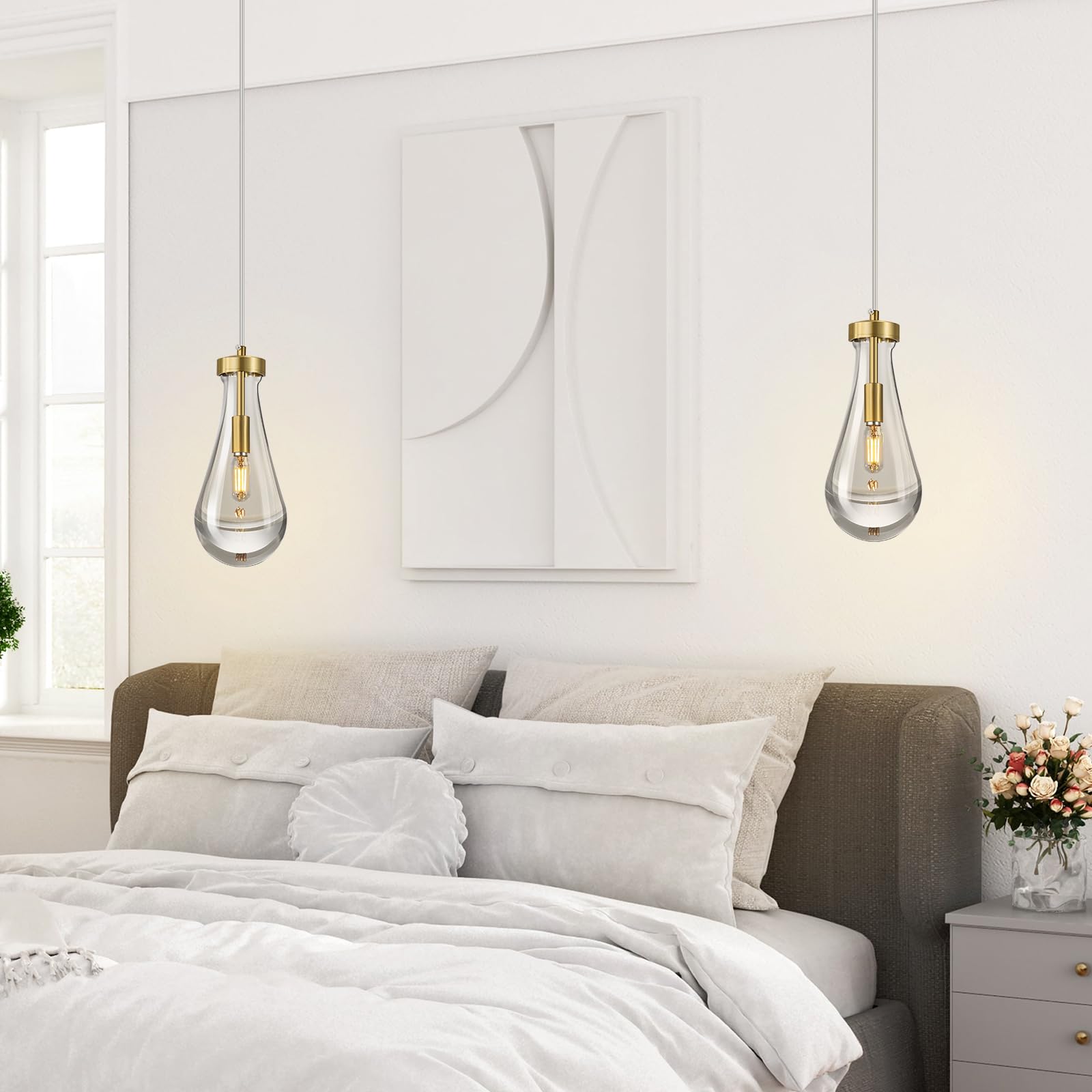 LIANGMH Raindrop Pendant Lights Kitchen Island Set of 3 Teardrop Gold Hanging Light Fixtures Clear Solid Glass Pendant Light Modern Chandeliers for Dining Room Porch Corridor Living Room…