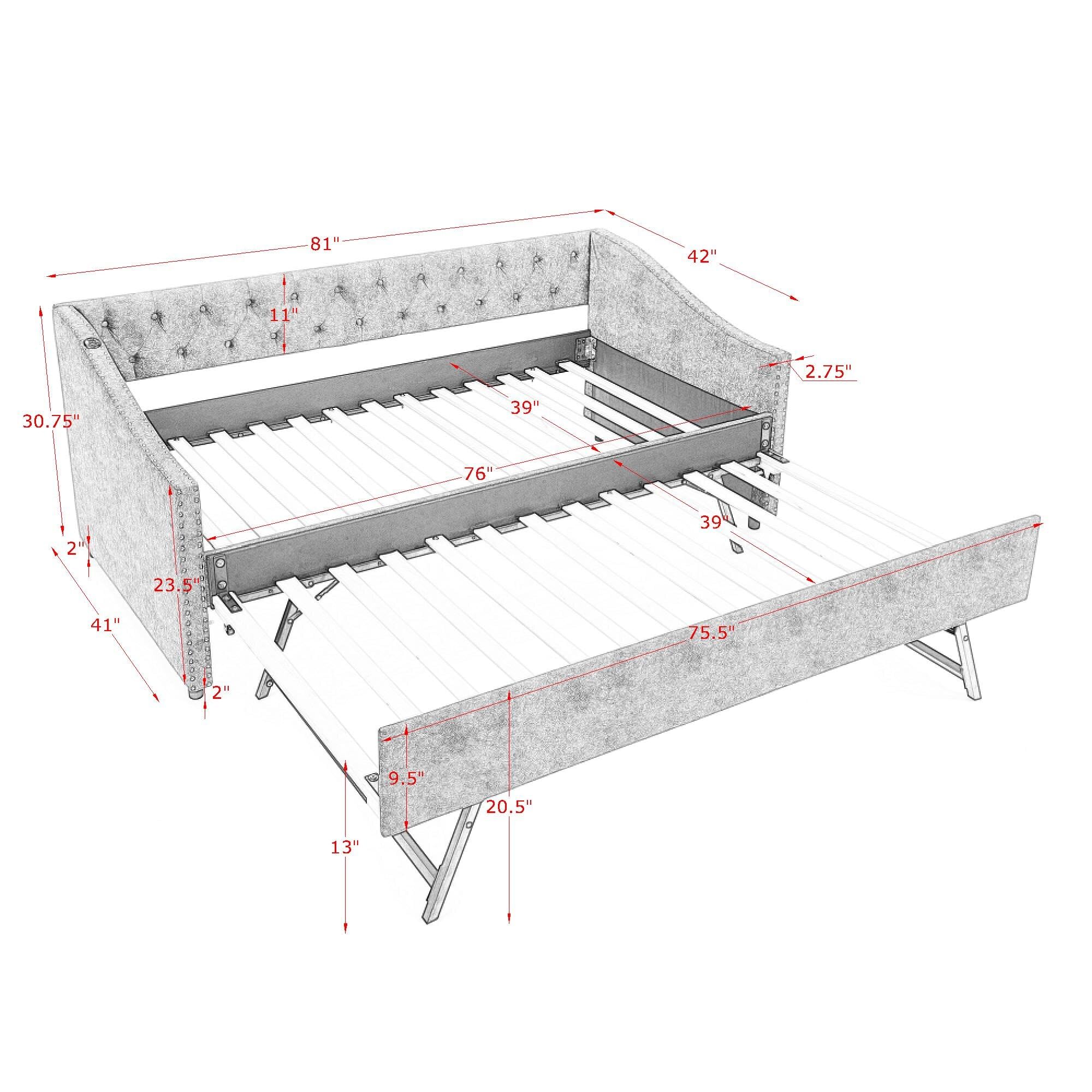 Ball & Cast Twin Size Upholstered Daybed with Pop Up Trundle & USB Port,Twin to King Daybed Frame with Button Tufted Backrest & Nailhead Trim Design, Extendable Trundle Bed,No Box Spring Neeed,Beige