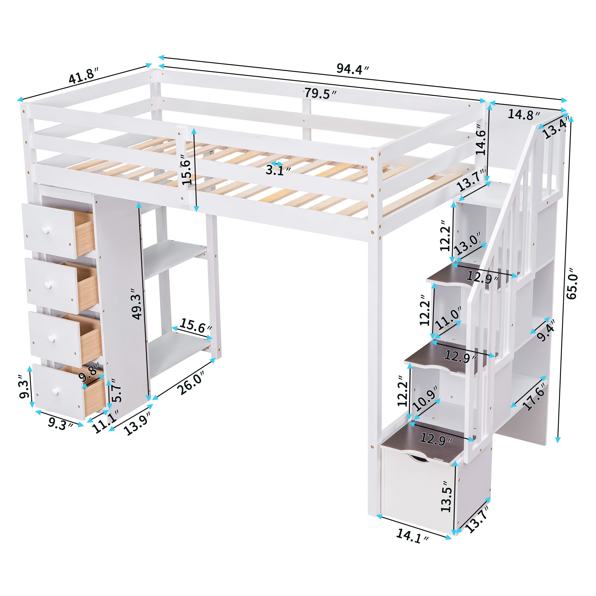 Merax Twin-Size Loft Bed with Storage Drawers and Stairs, Wooden Loft Bed with Shelves for Teens, White