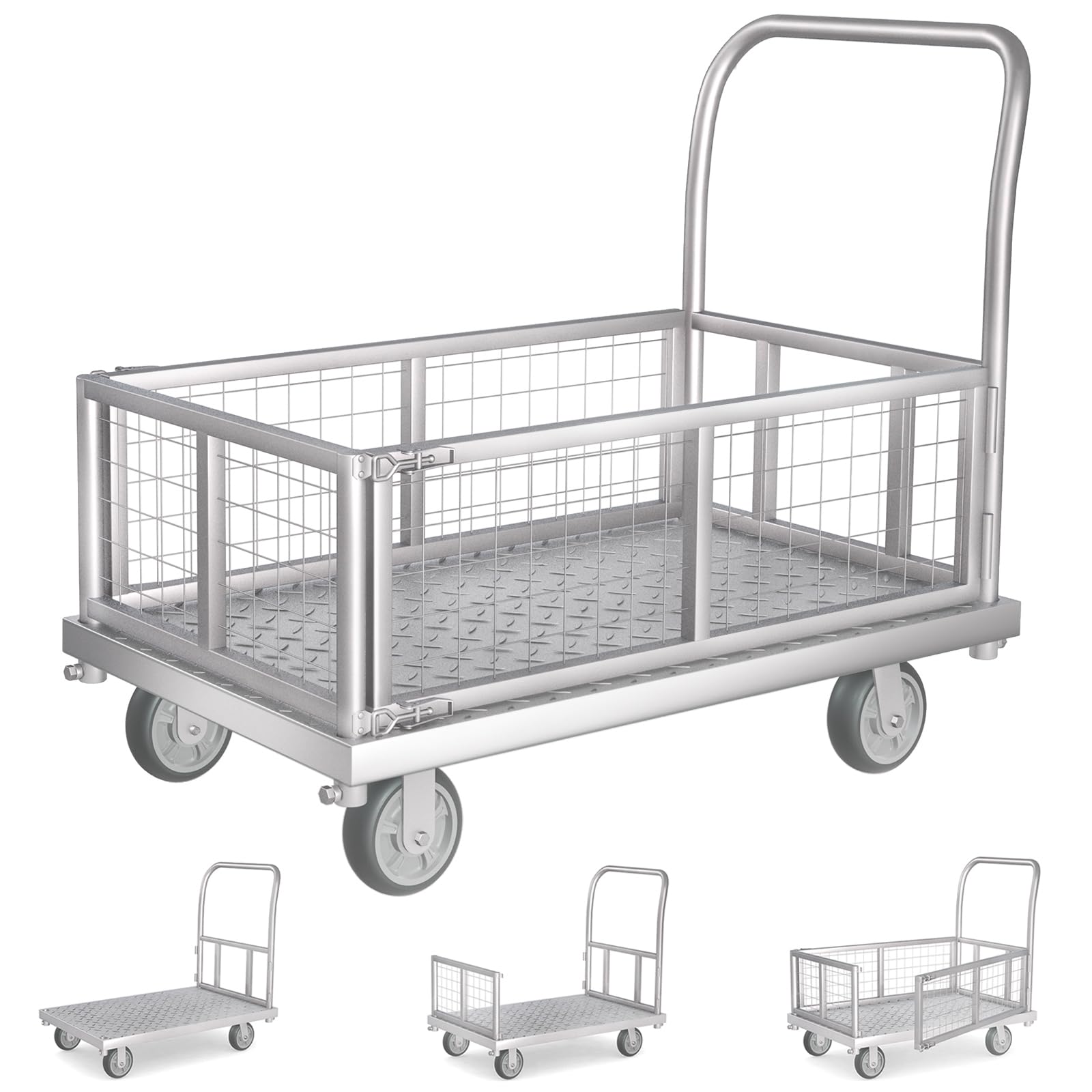 4-in-1 Platform Truck Cart with Cage, Multi-Purpose Heavy Duty Steel Flatbed Cart with 2200lbs Capacity Platform Hand Truck 6" Wheels Push Cart Dolly for Groceries, Garage, Warehouse (41“L x 24" W)