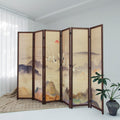 Furnnylane 6 Panel Bamboo Room Divider, 5.6 ft Tall Double-Sided Freestanding Folding Privacy Screen, Premium Thickened Wood Frame with Colorful Landscape Pattern for Home Office (67" H x 94.5" W)