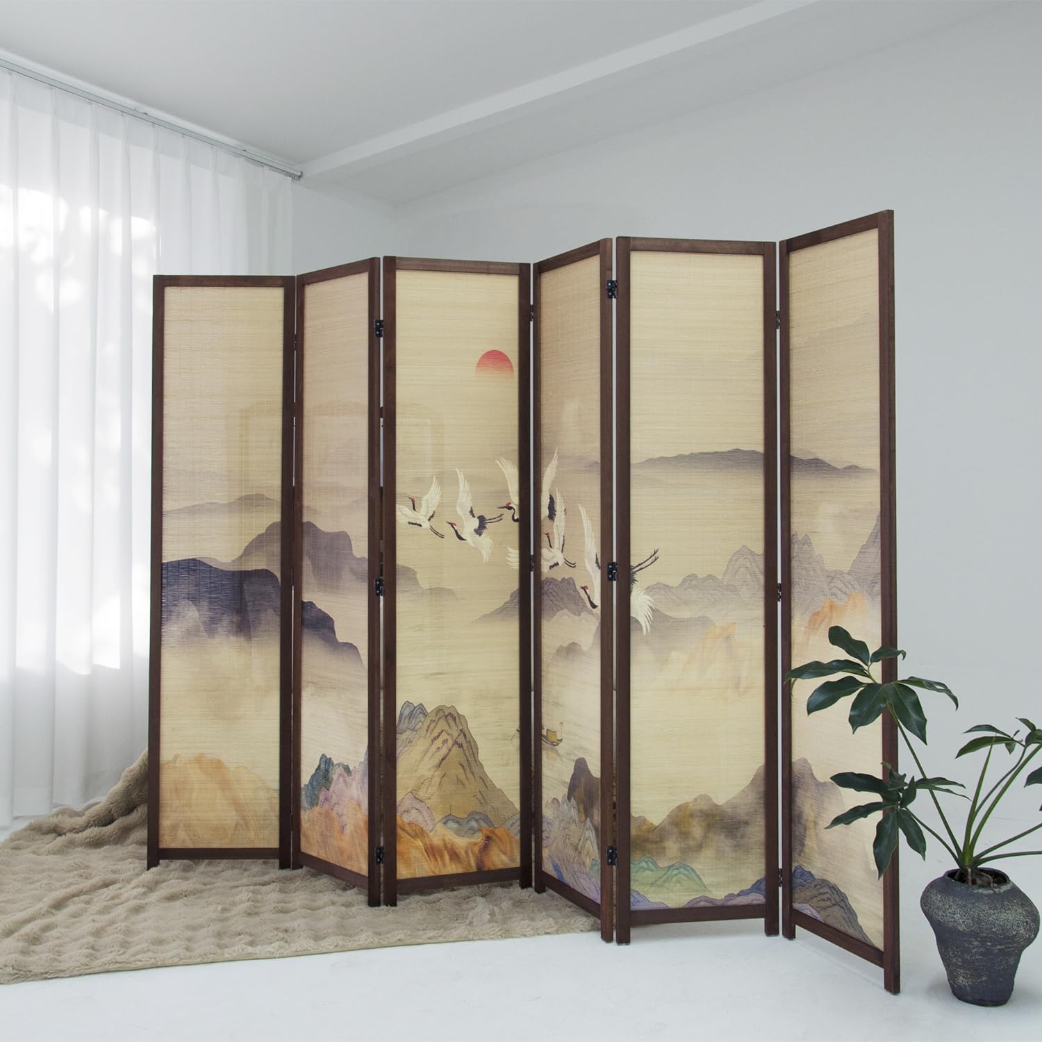 Furnnylane 6 Panel Bamboo Room Divider, 5.6 ft Tall Double-Sided Freestanding Folding Privacy Screen, Premium Thickened Wood Frame with Colorful Landscape Pattern for Home Office (67" H x 94.5" W)