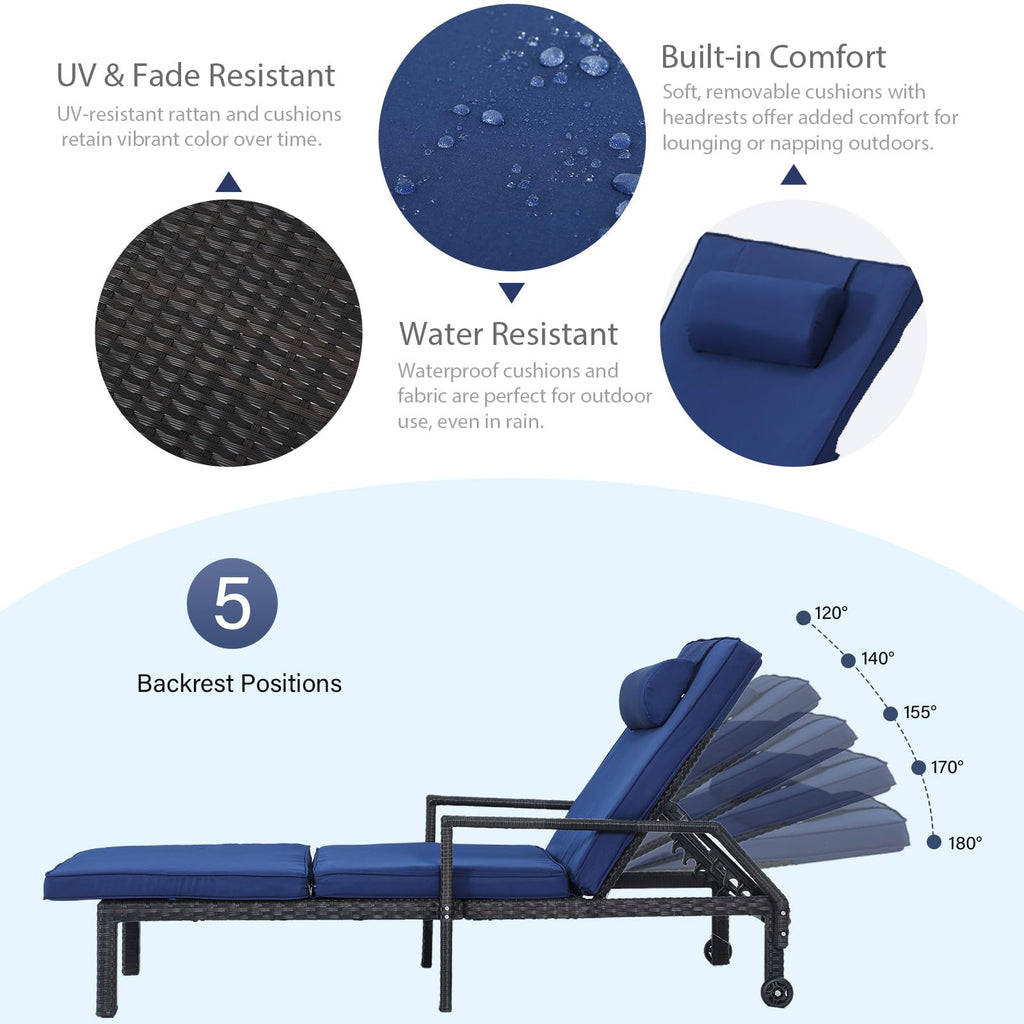 AstrPthylx Patio Chaise Lounge Set – Adjustable Outdoor Lounge Chairs with Cushions & Headrest – All-Weather Rattan Reclining Lounge Chairs for Poolside, Garden, and Patio (2 Pcs, Blue)