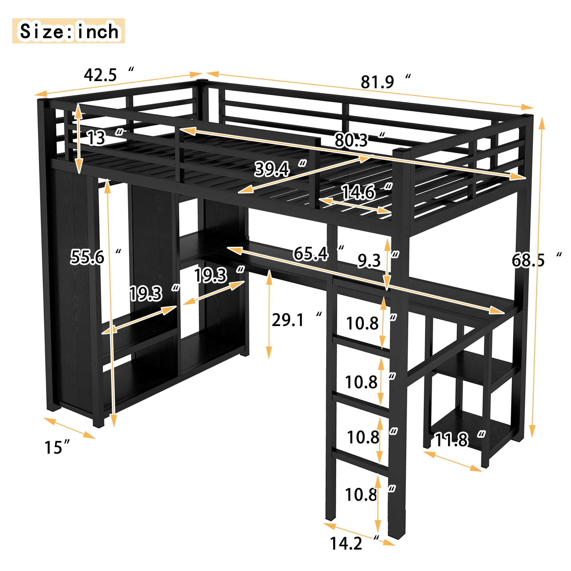 Bellemave Metal Twin XL Size Loft Bed with Desk and Wardrobe,Heavy Duty Loft Bed Frame with Storage Shelves for Kids,Teens,Adults, Space Saving,Black