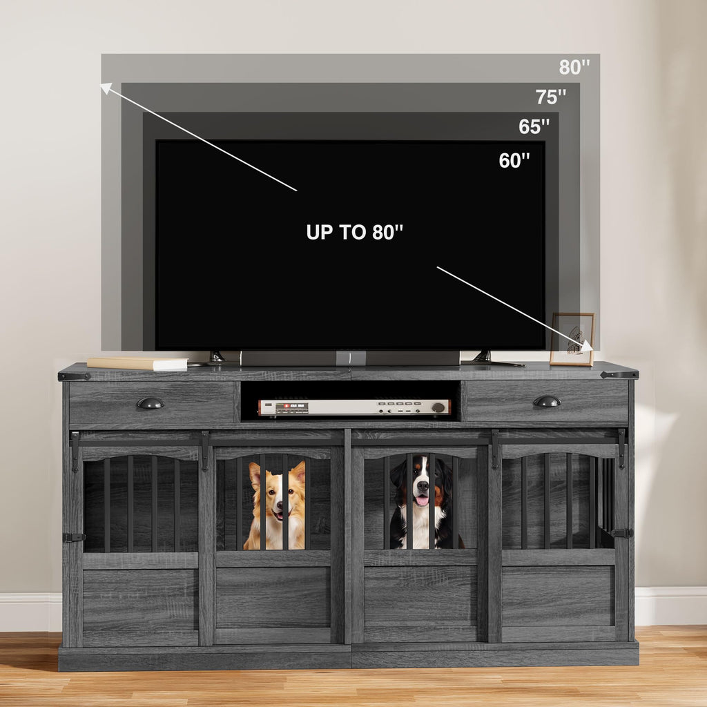 Homiflex 72" Double Dog Crate Furniture with Storage for 2 Medium Large Dogs Farmhouse Wooden Dog Kennel Furniture with 2 Sliding Doors Divider & Power Outlet Decorative Dog Cage TV Stand Grey