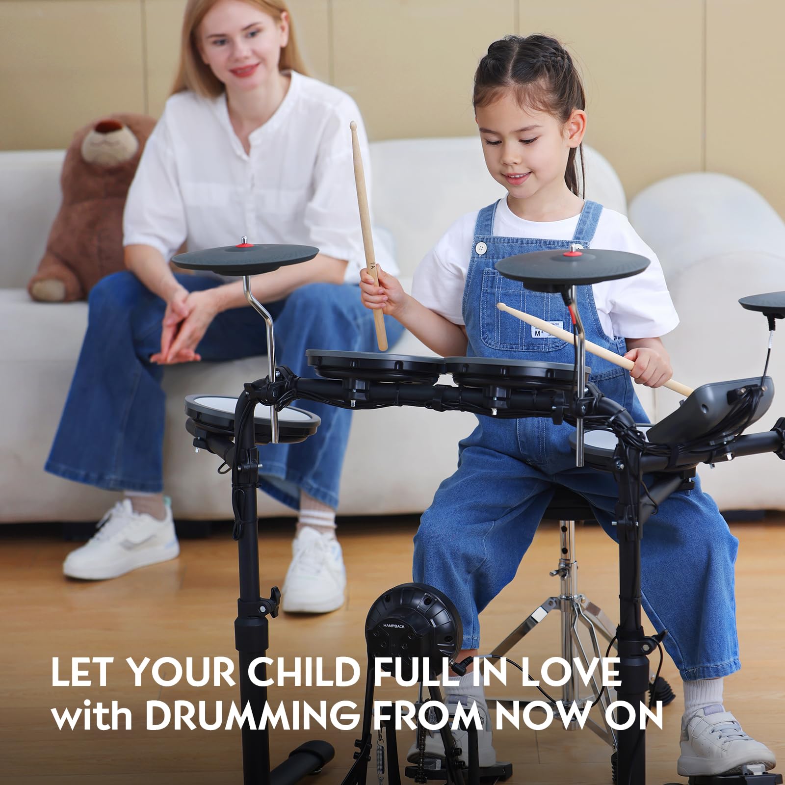 HAMPBACK MK-0 PRO Electric Drum Set with 7'' Mesh Drum Pads, 8'' Full Rubber Cymbals, 5'' Bass Drum, 12 Kits and 68 Authentic Sounds, USB MIDI, Throne, Sticks, Headphone, Suitable for Beginners & Kids