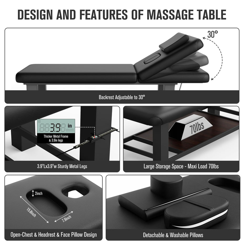 Ufurpie Adjustable Backrest Massage Table and Round Swivel Ottoman, Professional Massage Set, Heavy-Duty Spa Bed, 360° Adjustable Height Makeup Vanity Stool, for Salon Facial Physical Therapy, Black
