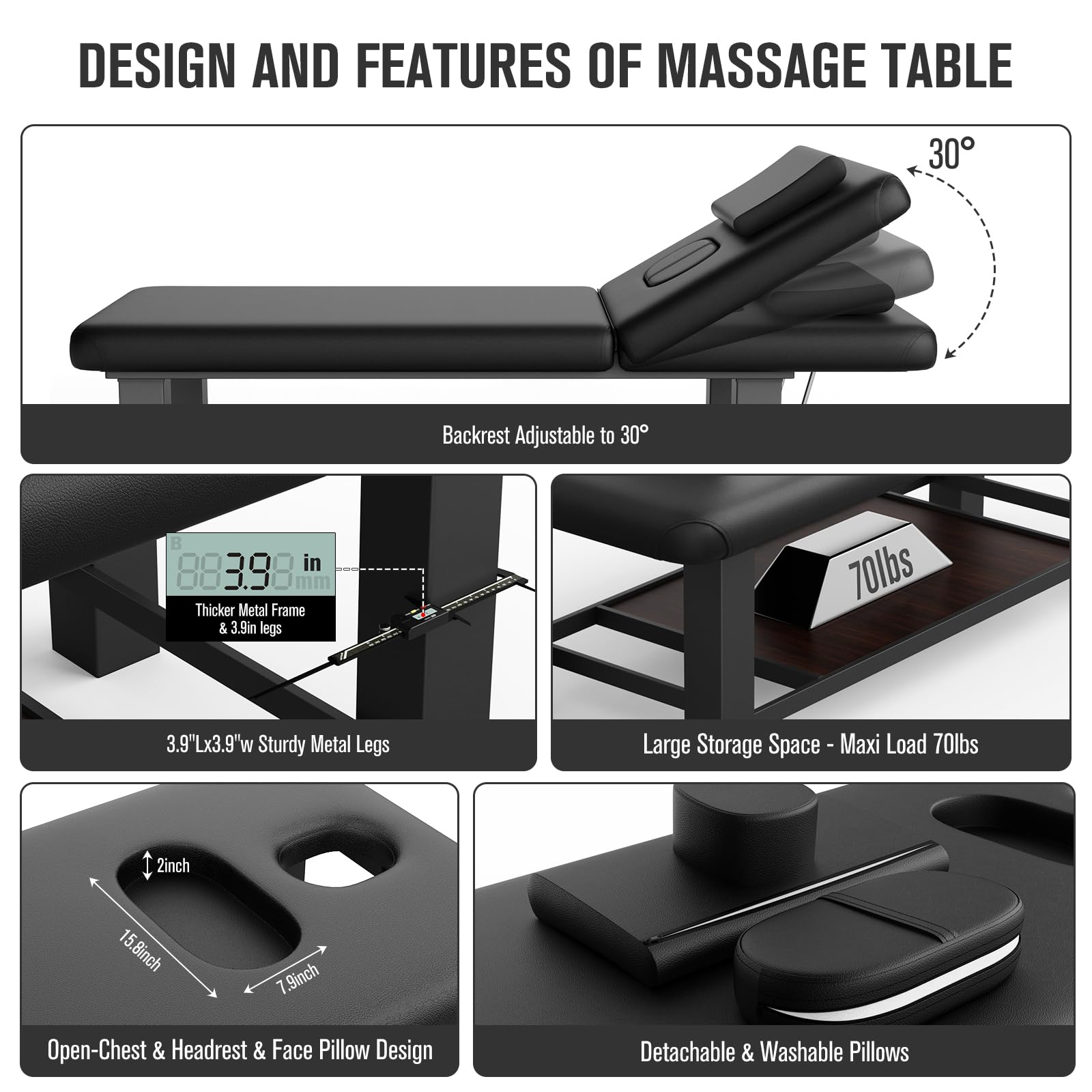 Ufurpie Adjustable Backrest Massage Table and Round Swivel Ottoman, Professional Massage Set, Heavy-Duty Spa Bed, 360° Adjustable Height Makeup Vanity Stool, for Salon Facial Physical Therapy, Black