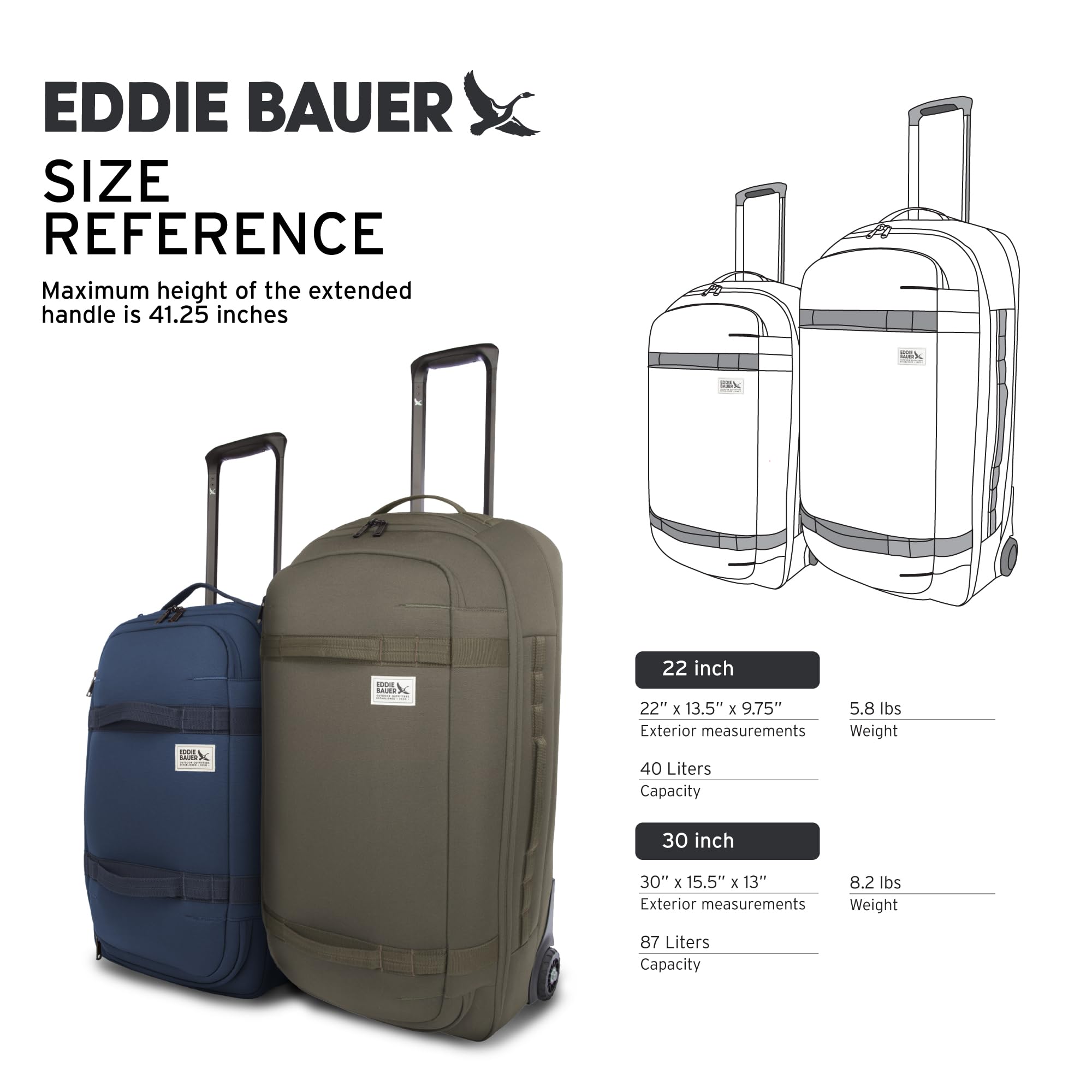 Eddie Bauer Excursion Traveling 22 Rolling Duffel Bag with Lightweight Telescopic Handles and Rugged Wheels - 40L, Spruce