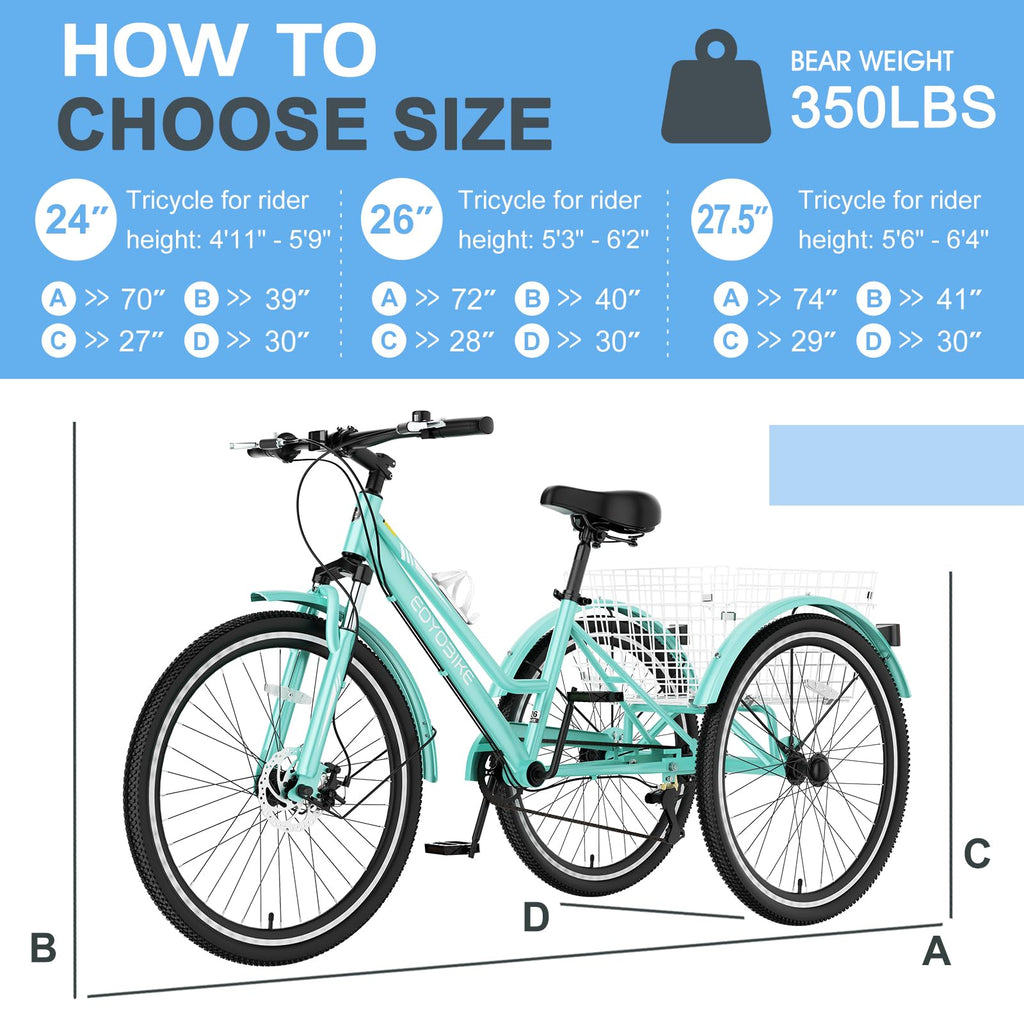 Slsy Adult Mountain Tricycle, 7 Speed Three Wheel Bike, 24/26 Inch Adults Trikes for Seniors with Shopping Basket, Exercise Men's Women's Tricycles