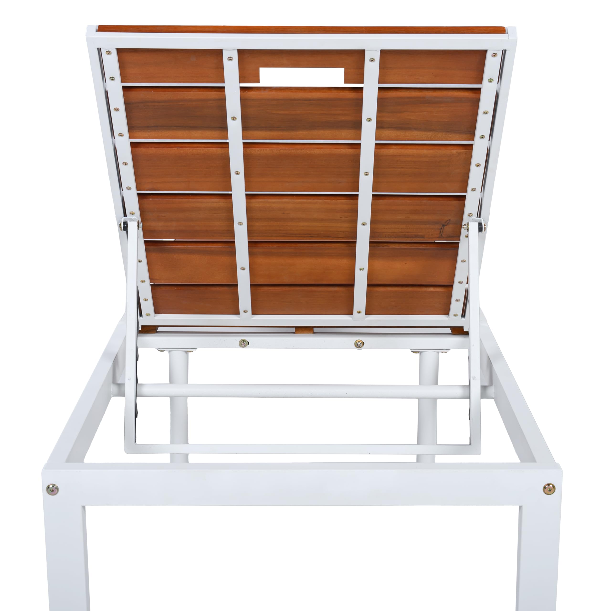 ApilithHive Outdoor Chaise Lounge with 6-Position Adjustable Backrest, Acacia Wood and Steel Frame, 78.7", 400 lbs Capacity, White and Brown
