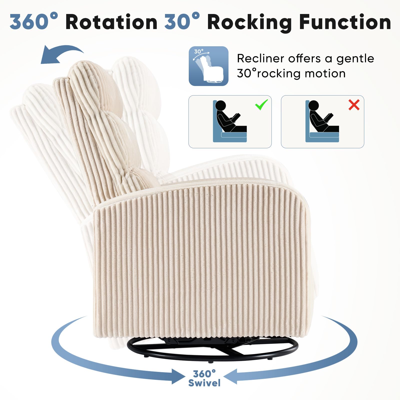 DUMOS 360°Swivel Nursery Chair, Comfy Chair for Bedroom, Rocking Chair with Thickened Seat Cushion, High Back Sofa Chairs for Living Room, Nursery Room and Reading Room, Beige