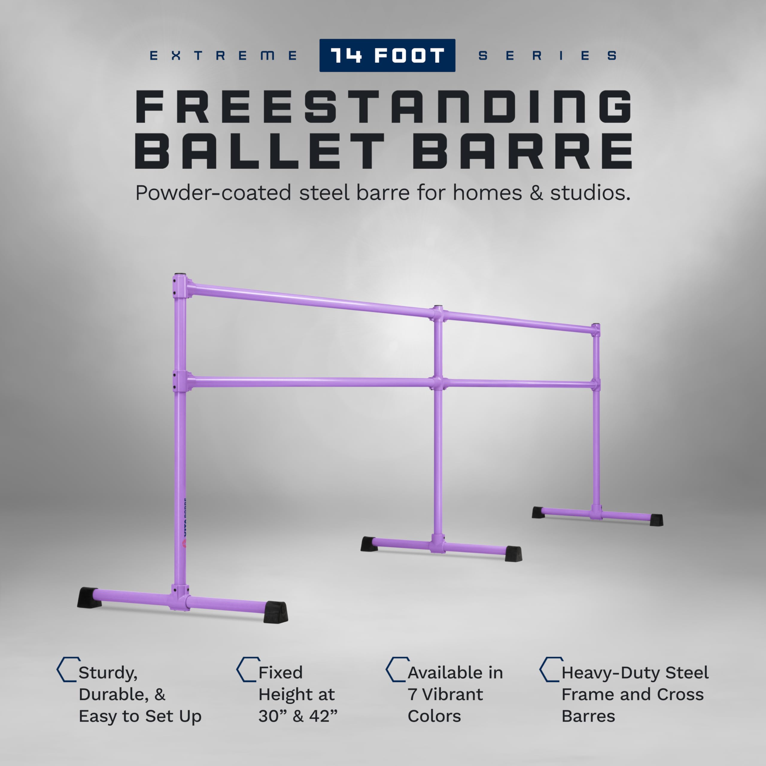 VITA Barre Portable Freestanding Double Ballet Barre, Extreme, 14 Ft Bars, Purple, Steel | Fixed Height, Made in USA, Home or Gym Exercise Equipment for Kids & Adults | Dance, Fitness, Pilates